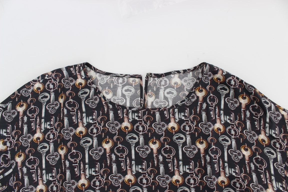Dolce & Gabbana Gray Gold Key Print Silk Blouse T-shirt | Regal Royce