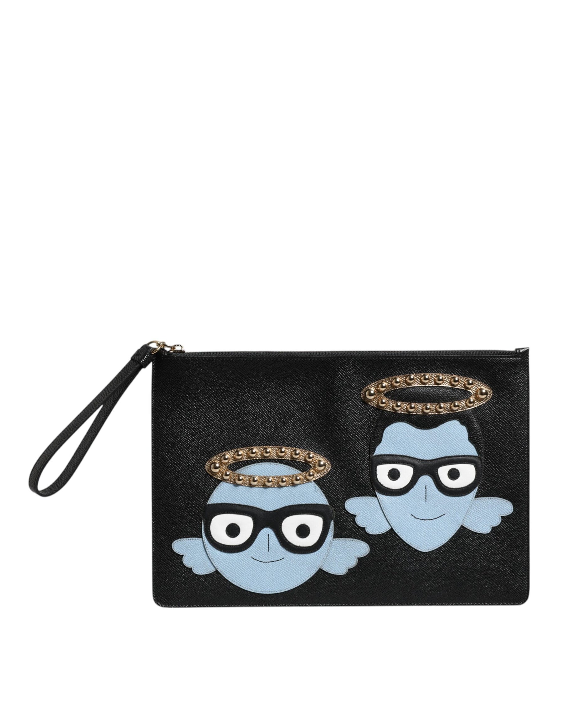 Dolce & Gabbana Black Leather #DGFAMILY Embellished Men Zip Pouch Bag | Regal Royce