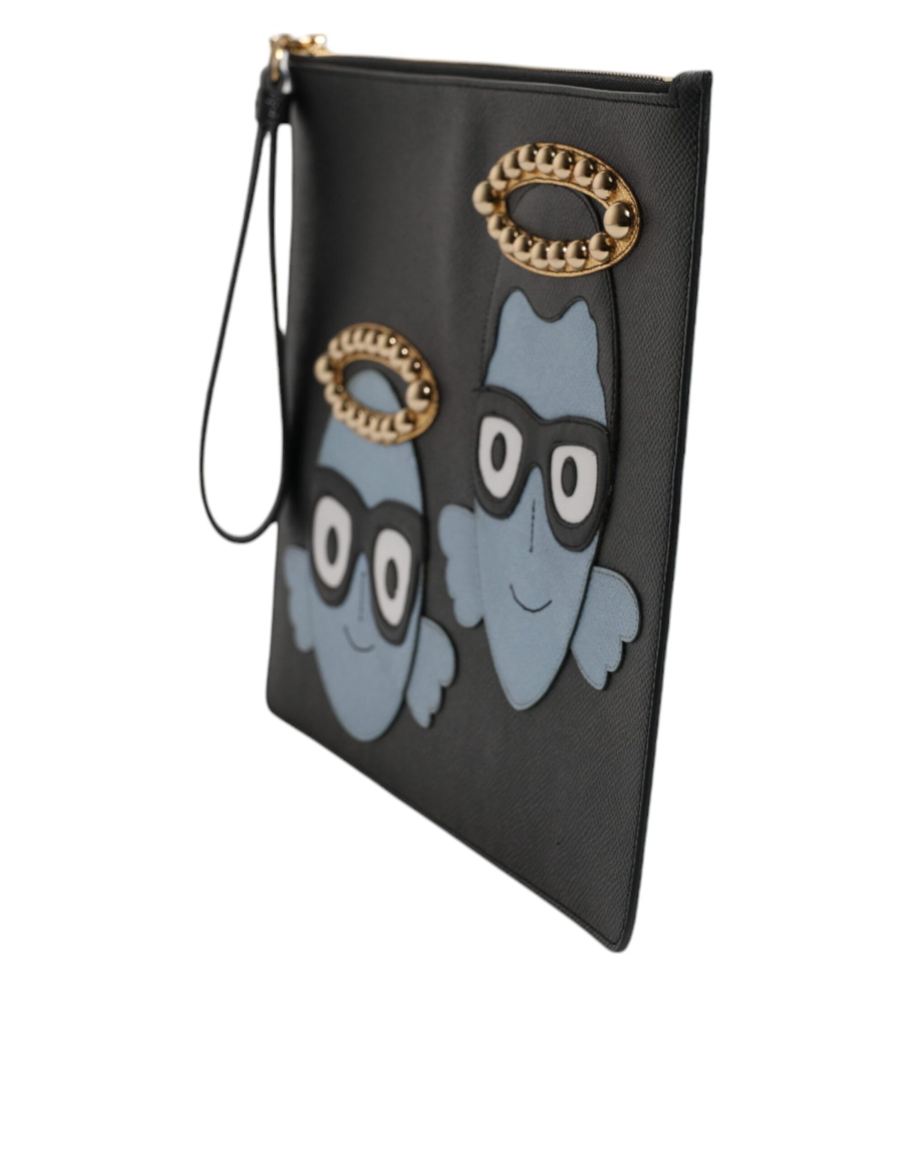 Dolce & Gabbana Black Leather #DGFAMILY Embellished Men Zip Pouch Bag | Regal Royce