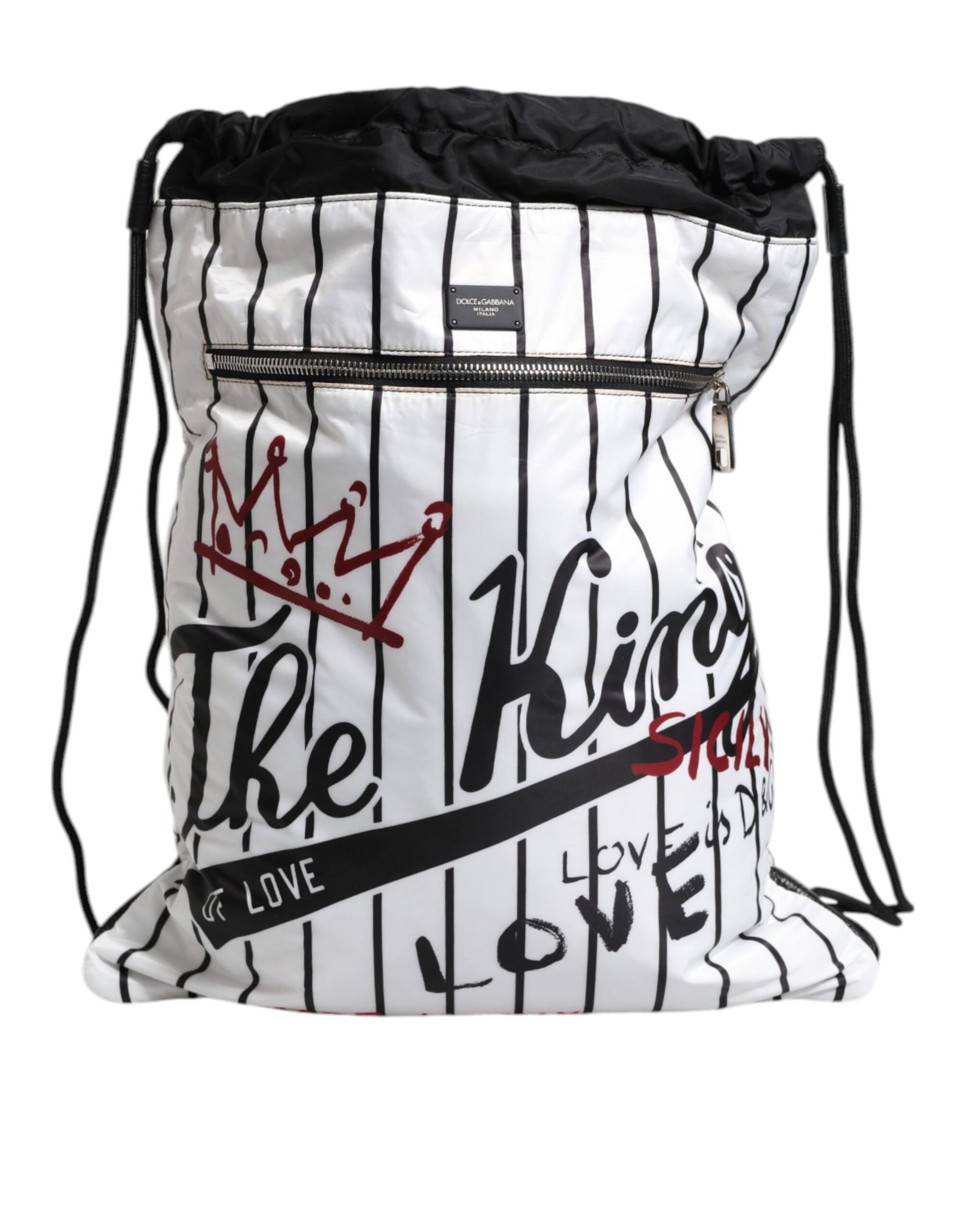 Dolce & Gabbana Black White Striped Polyester Drawstring Bag | Regal Royce