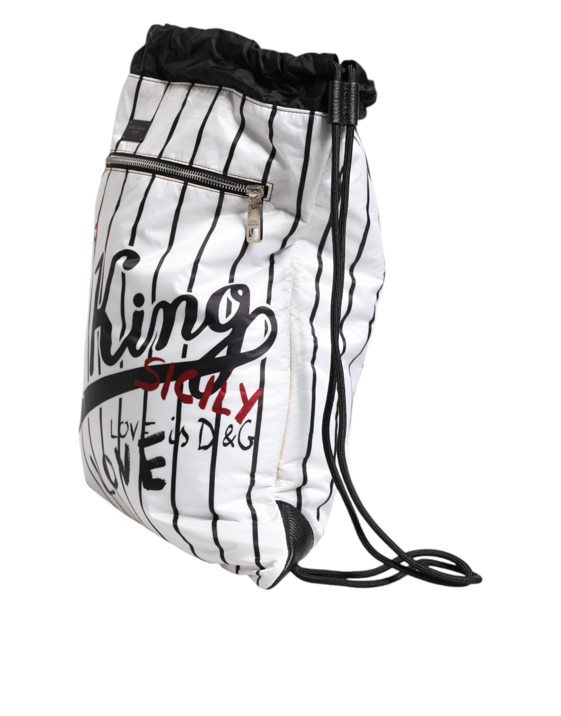 Dolce & Gabbana Black White Striped Polyester Drawstring Bag | Regal Royce