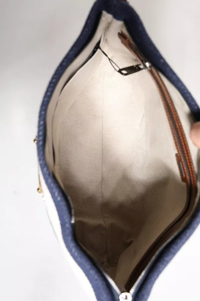 Dolce & Gabbana Blue White Stripes Logo Plaque Tote Bag | Regal Royce