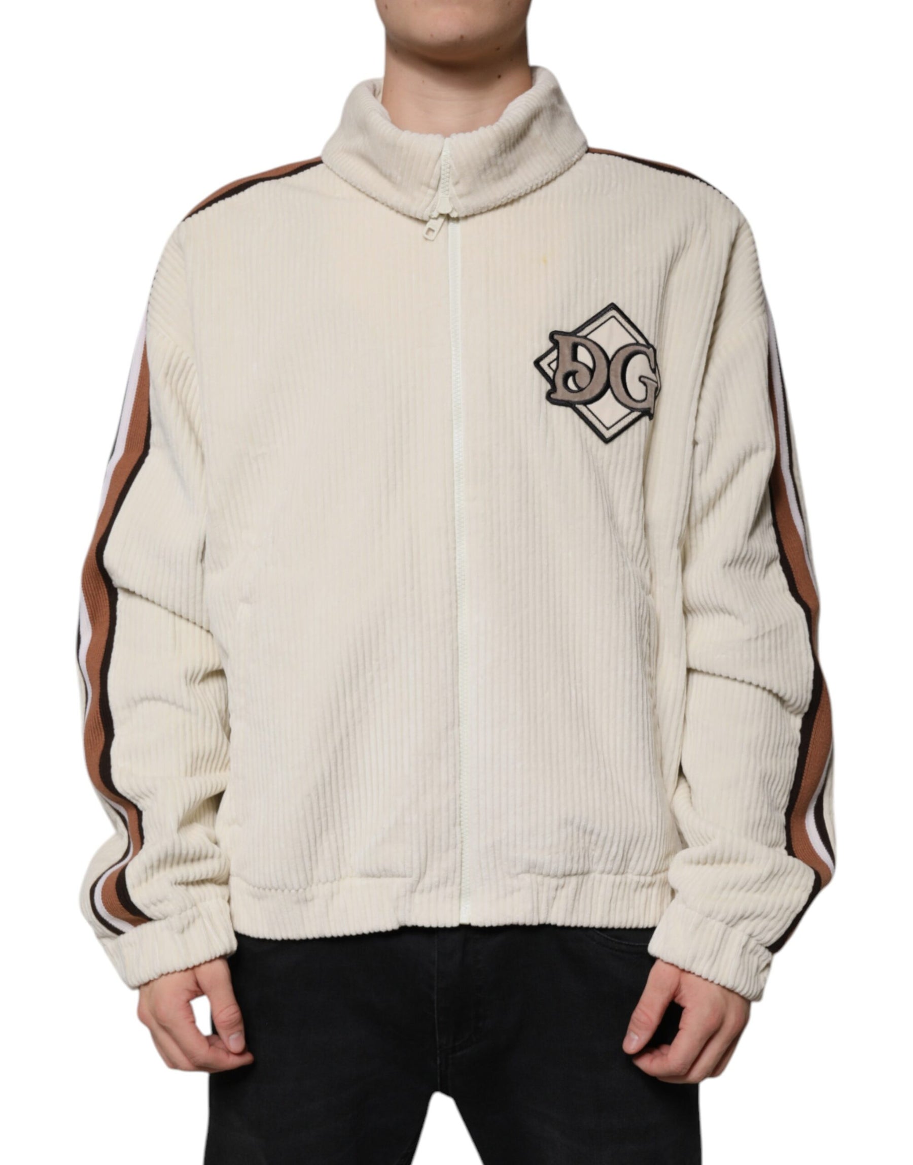 Dolce & Gabbana Beige Logo Applique Cotton Corduroy Full Zip Jacket | Regal Royce