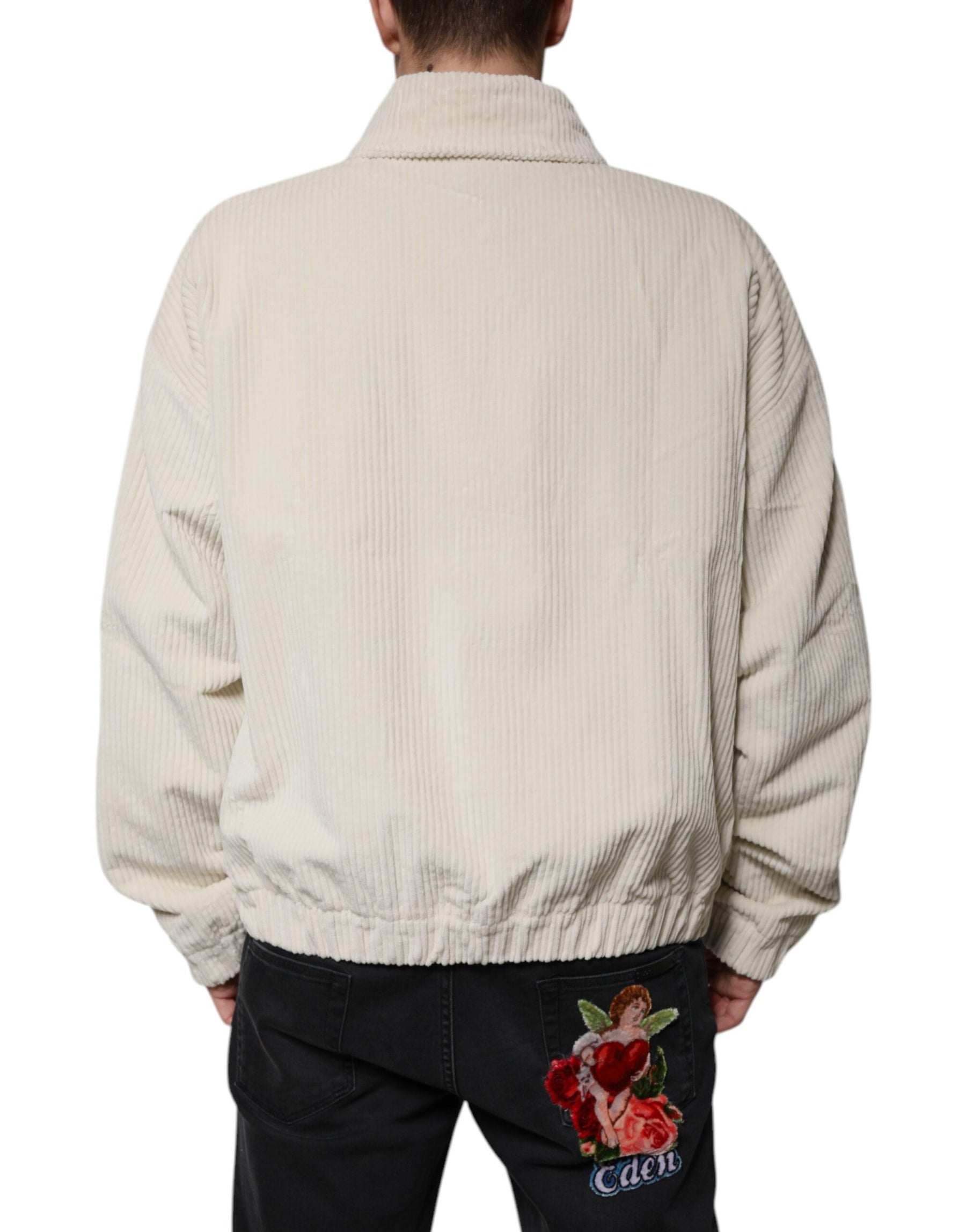 Dolce & Gabbana Beige Logo Applique Cotton Corduroy Full Zip Jacket | Regal Royce