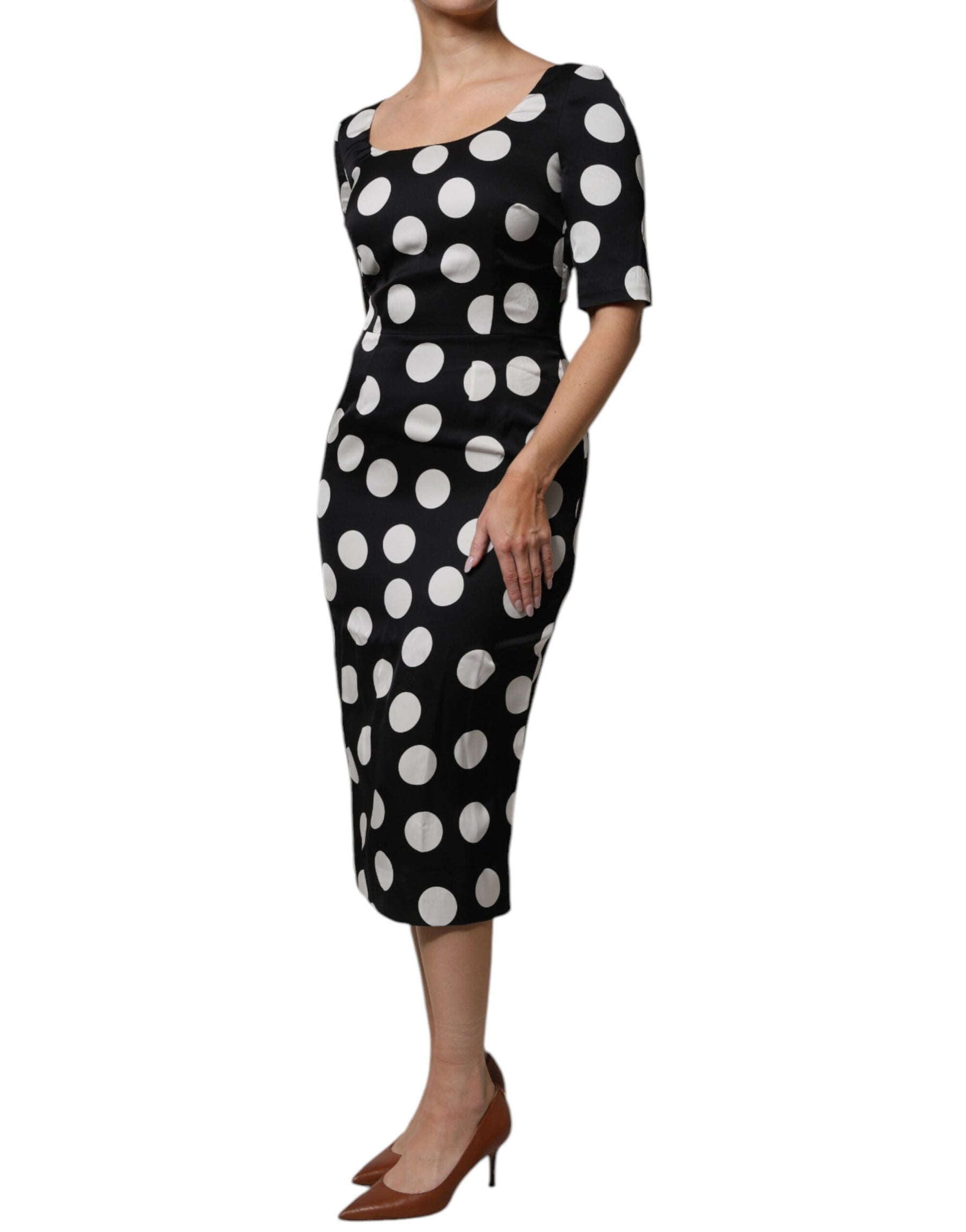 Dolce & Gabbana Black White Silk Polka Dots Sheath Midi Dress | Regal Royce
