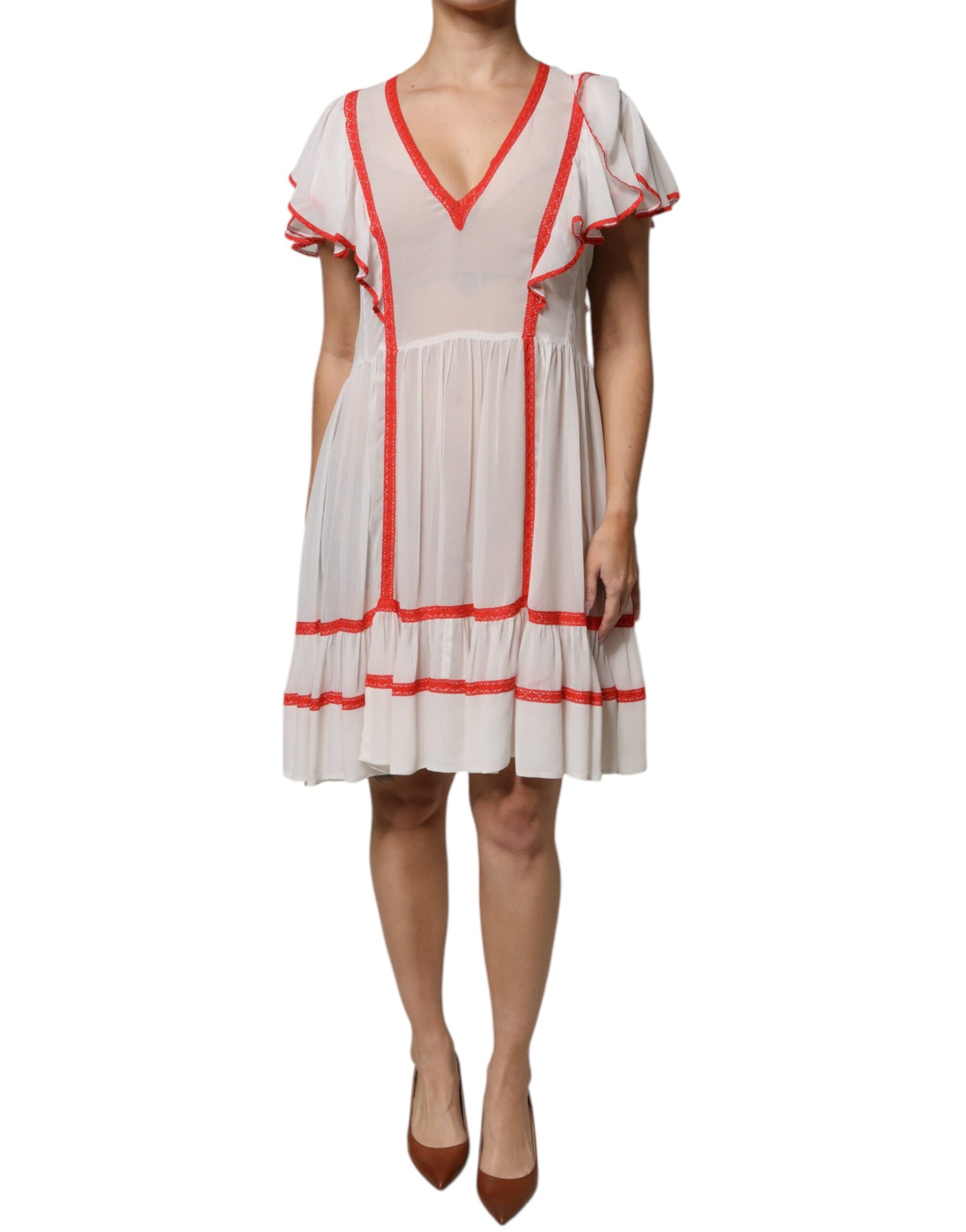 Twinset White Viscose Ruffle Sleeves A-line Pleated Mini Dress | Regal Royce