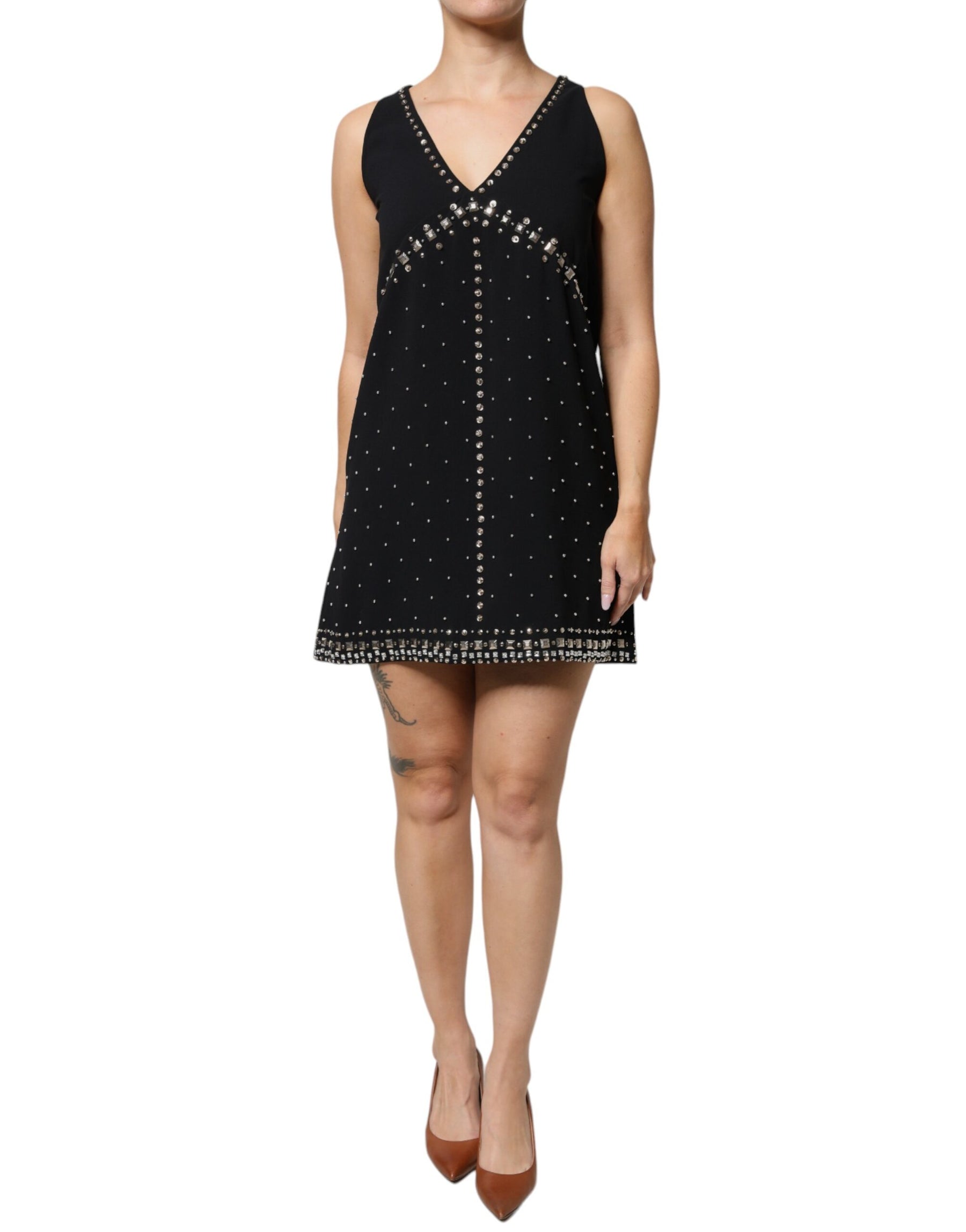 PINKO Black Embellished Polyester Sleeveless Shift A-line Mini Dress | Regal Royce