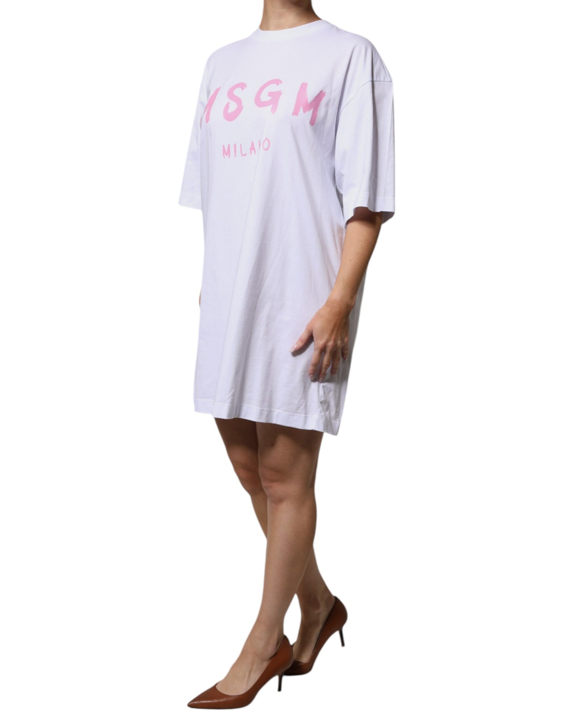 MSGM White Logo Print Cotton T-shirt Short Sleeves Mini Dress | Regal Royce