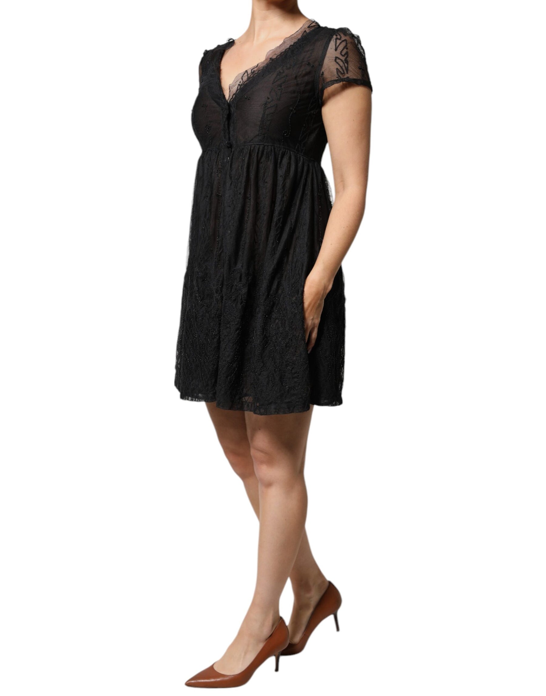 Blugirl Black Short Sleeves Floral Lace Trim A-line Mini Dress | Regal Royce