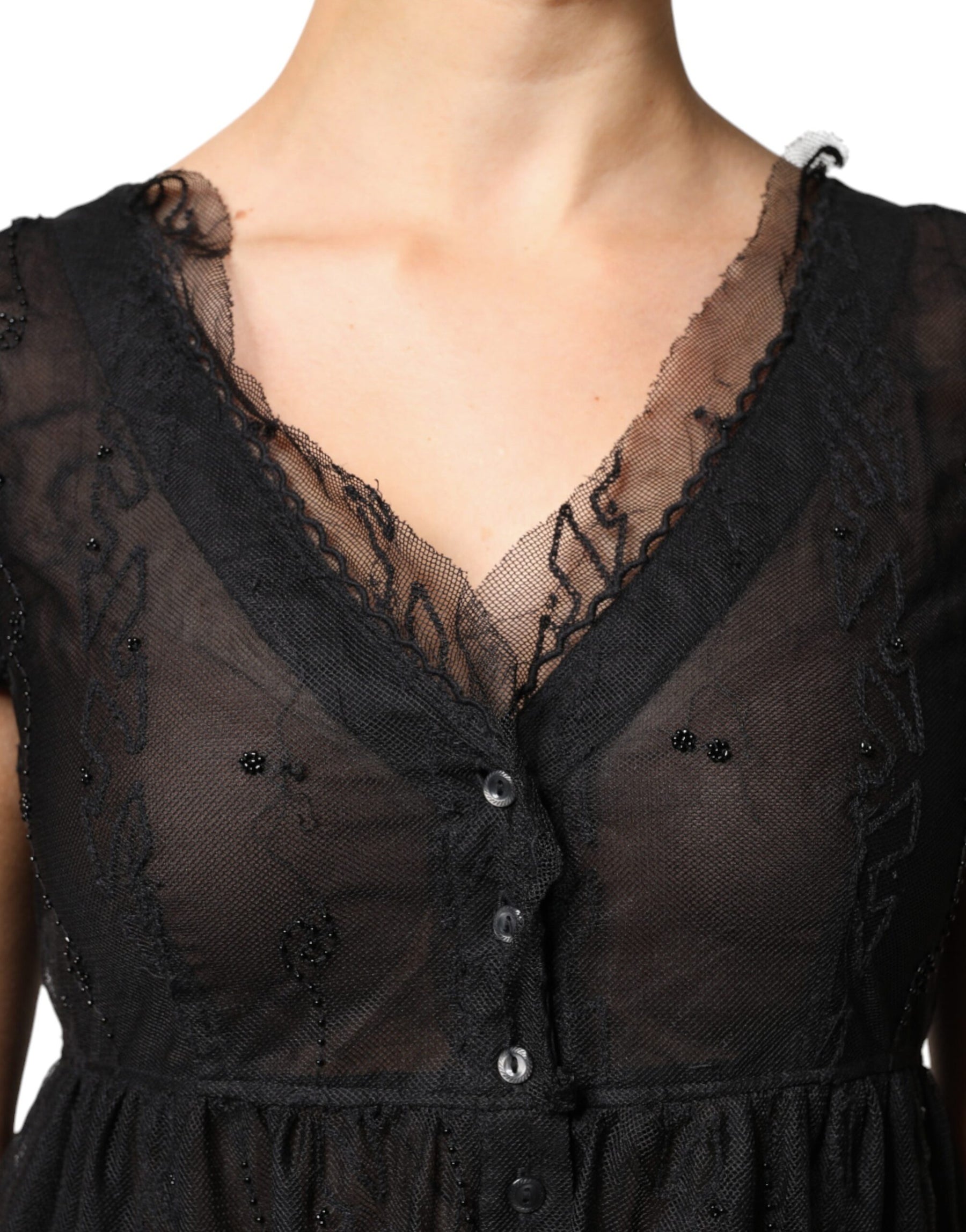 Blugirl Black Short Sleeves Floral Lace Trim A-line Mini Dress | Regal Royce