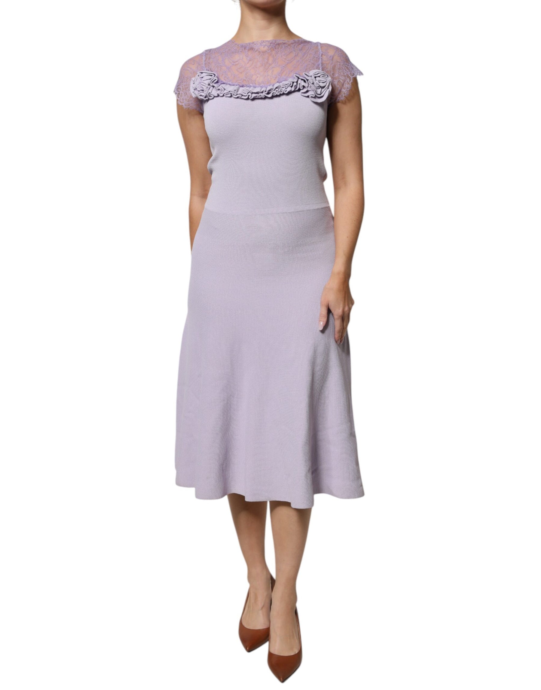 Blumarine Purple Short Sleeves Floral Lace Trim A-line Midi Dress | Regal Royce