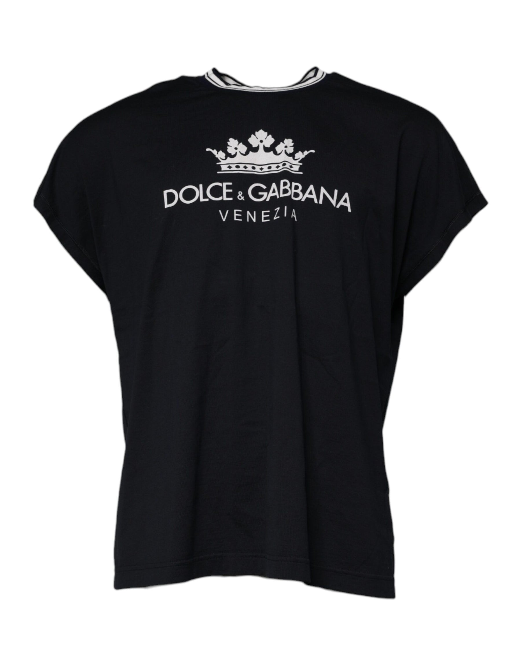 Dolce & Gabbana Dark Blue Logo Crown Cotton Crew Neck T-shirt | Regal Royce