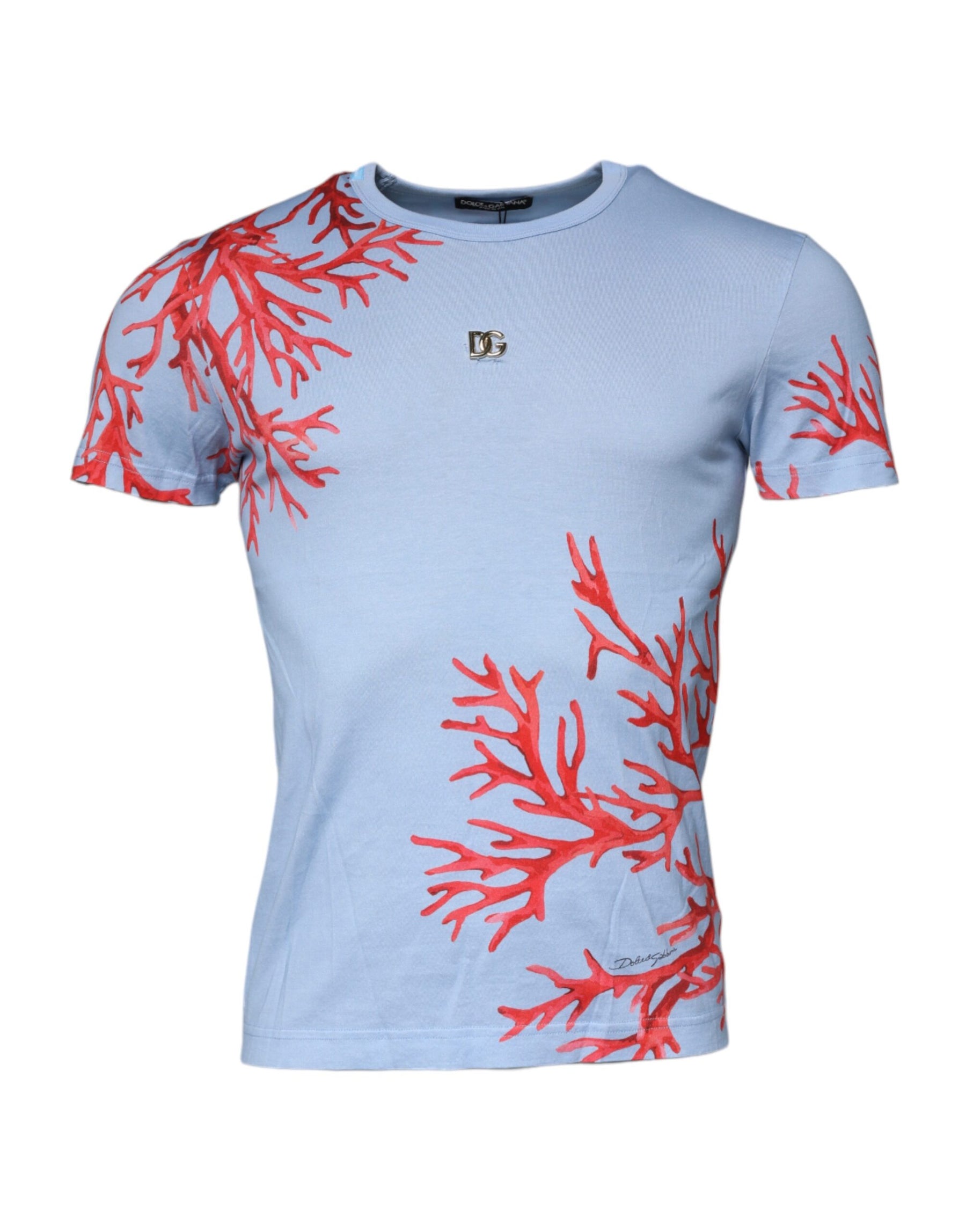 Dolce & Gabbana Light Blue Coral Cotton Men Crew Neck T-shirt | Regal Royce