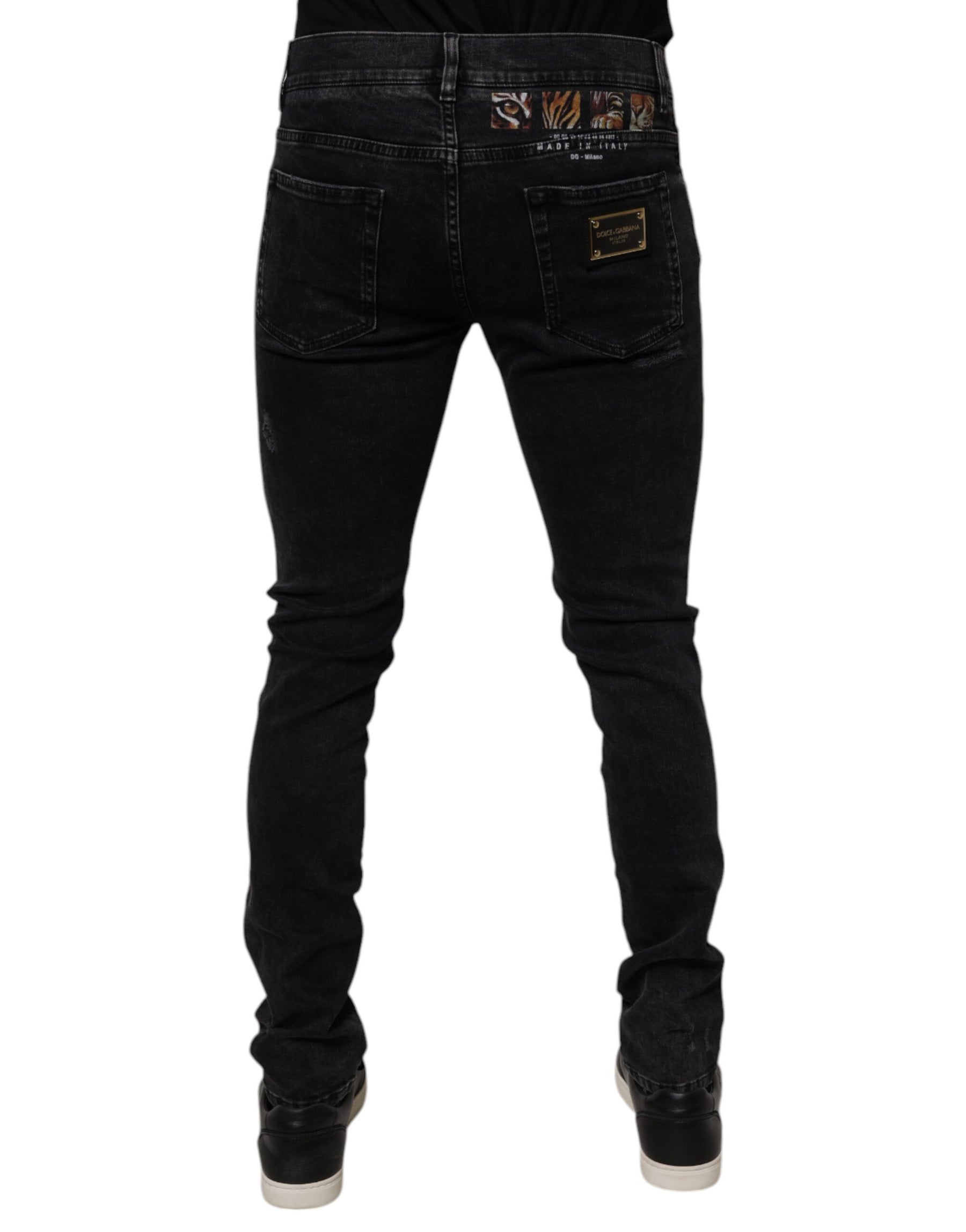 Dolce & Gabbana Black Tattered Cotton Skinny Men Denim Jeans | Regal Royce