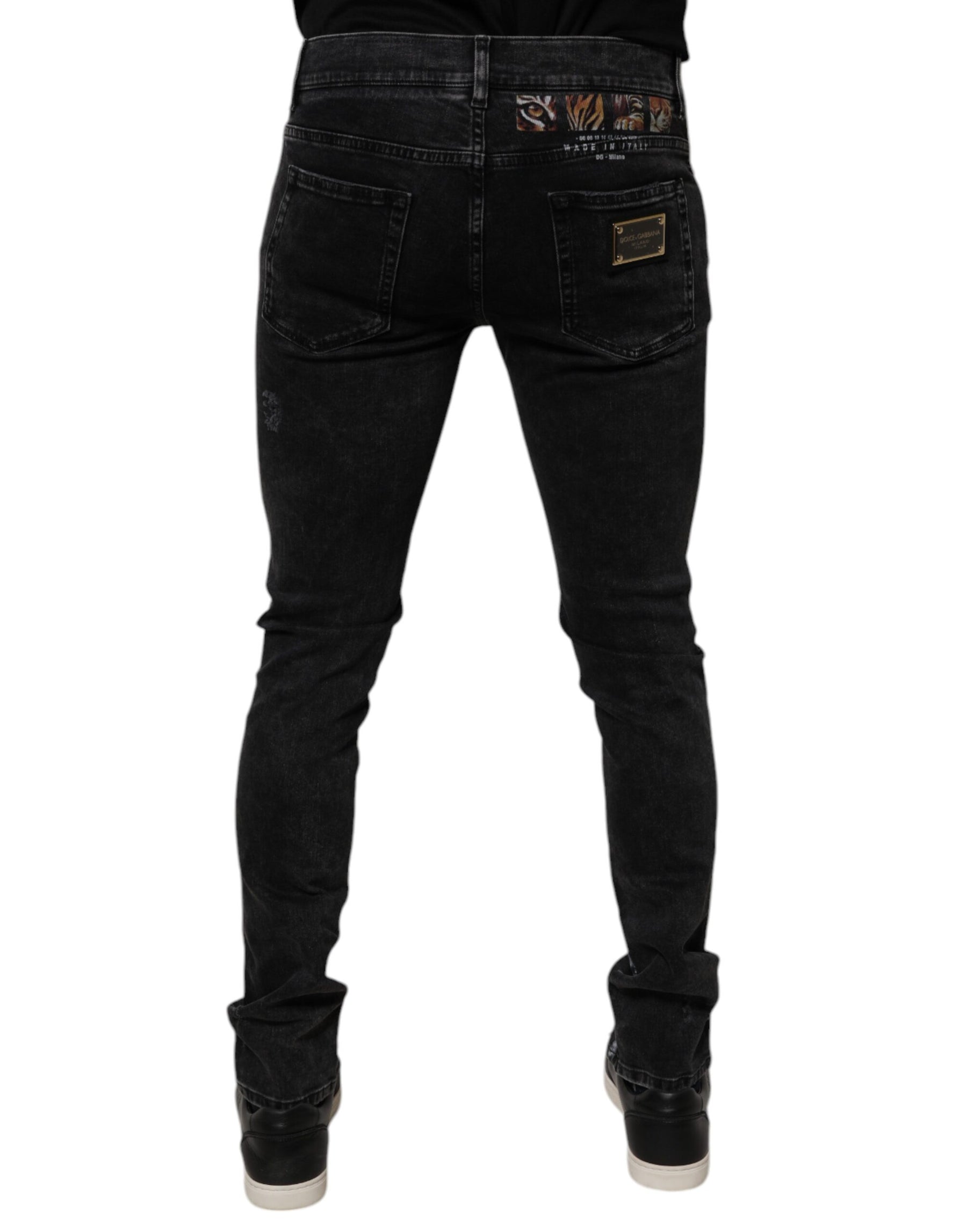Dolce & Gabbana Black Tattered Cotton Skinny Men Denim Jeans | Regal Royce