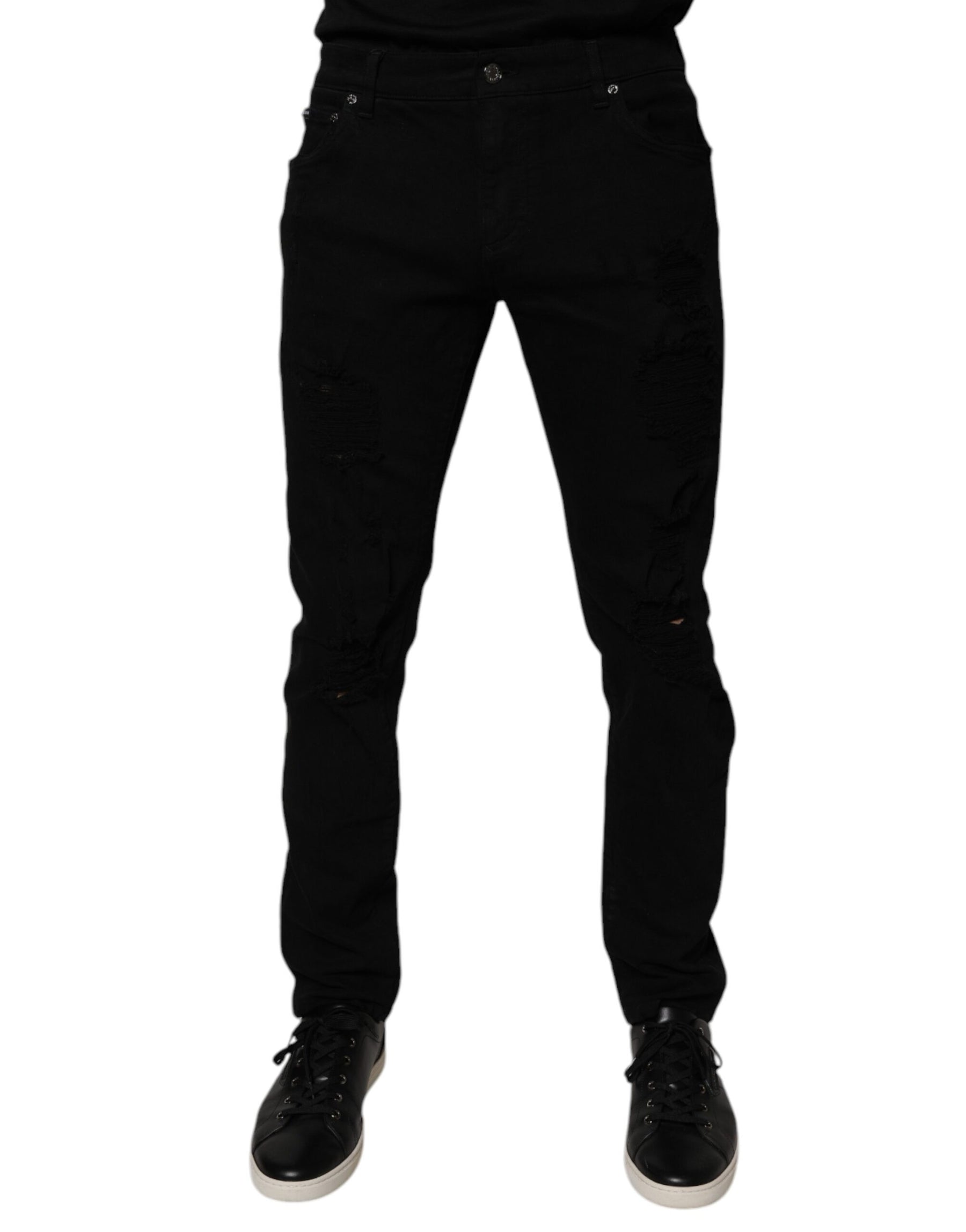 Dolce & Gabbana Black Tattered Cotton Skinny Men Denim Jeans | Regal Royce