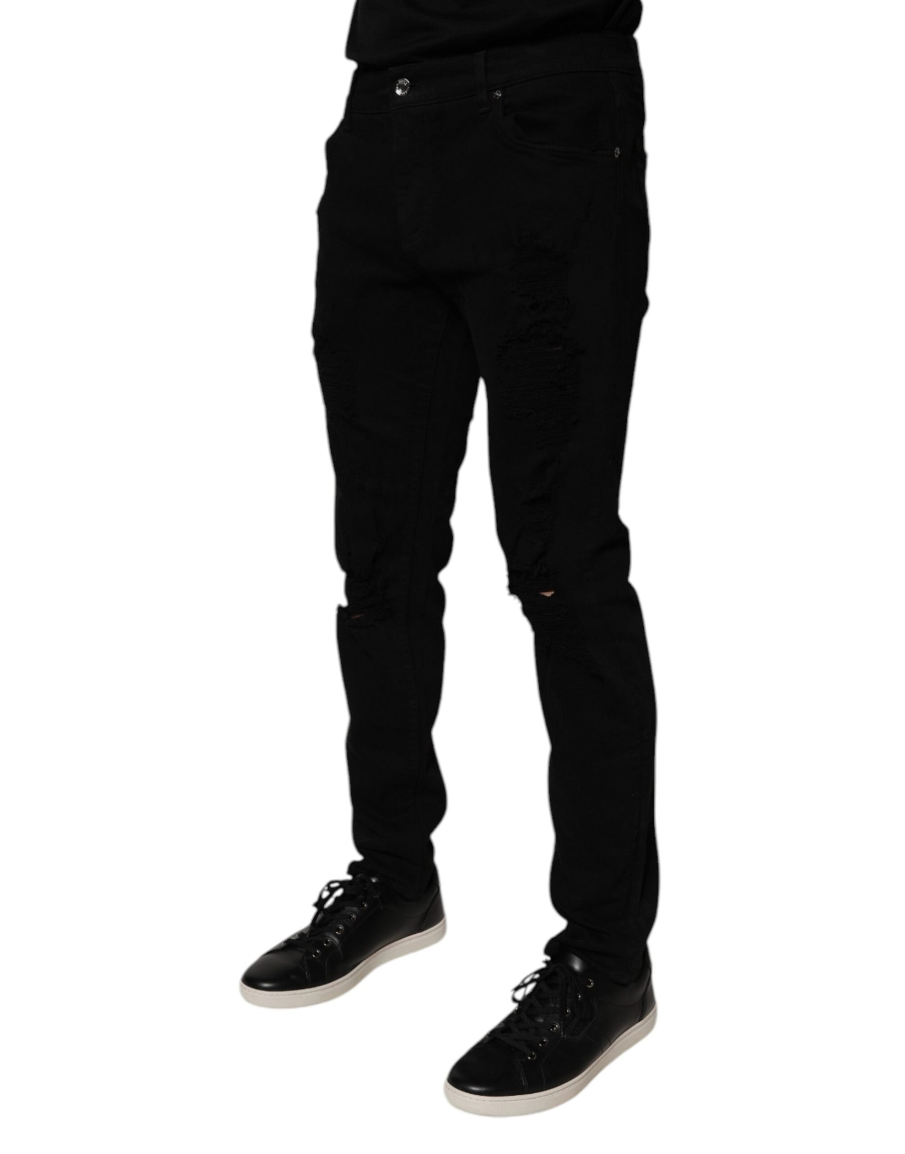 Dolce & Gabbana Black Tattered Cotton Skinny Men Denim Jeans | Regal Royce