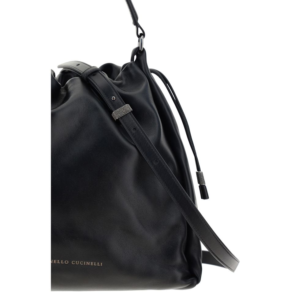 Brunello Cucinelli Black Calf Leather Bos Taurus Shoulder Bag | Regal Royce