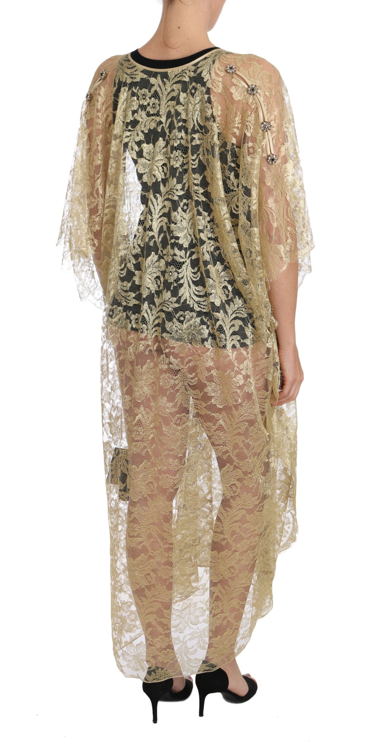 Dolce & Gabbana Gold Floral Lace Crystal Gown Cape Dress | Regal Royce
