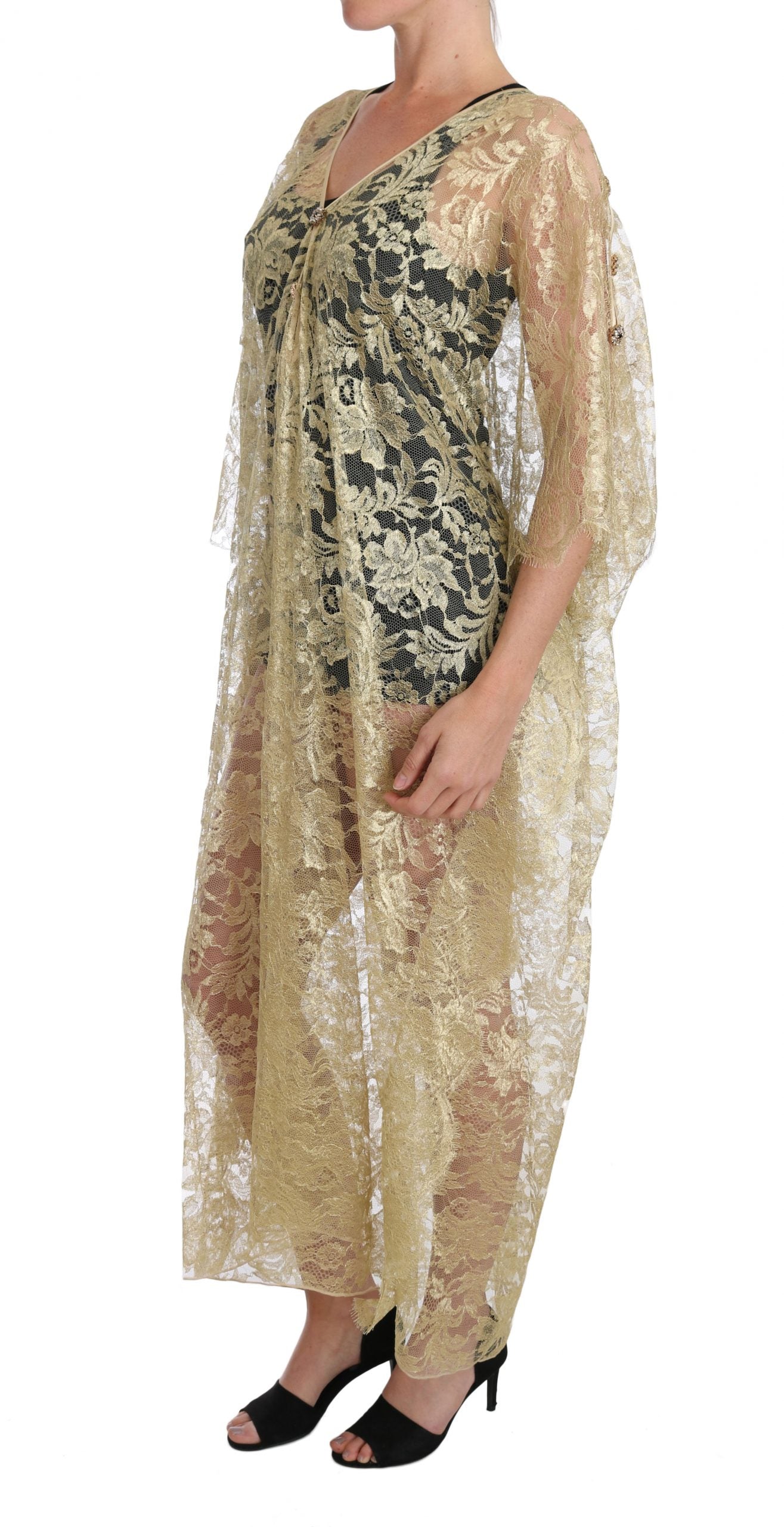 Dolce & Gabbana Gold Floral Lace Crystal Gown Cape Dress | Regal Royce