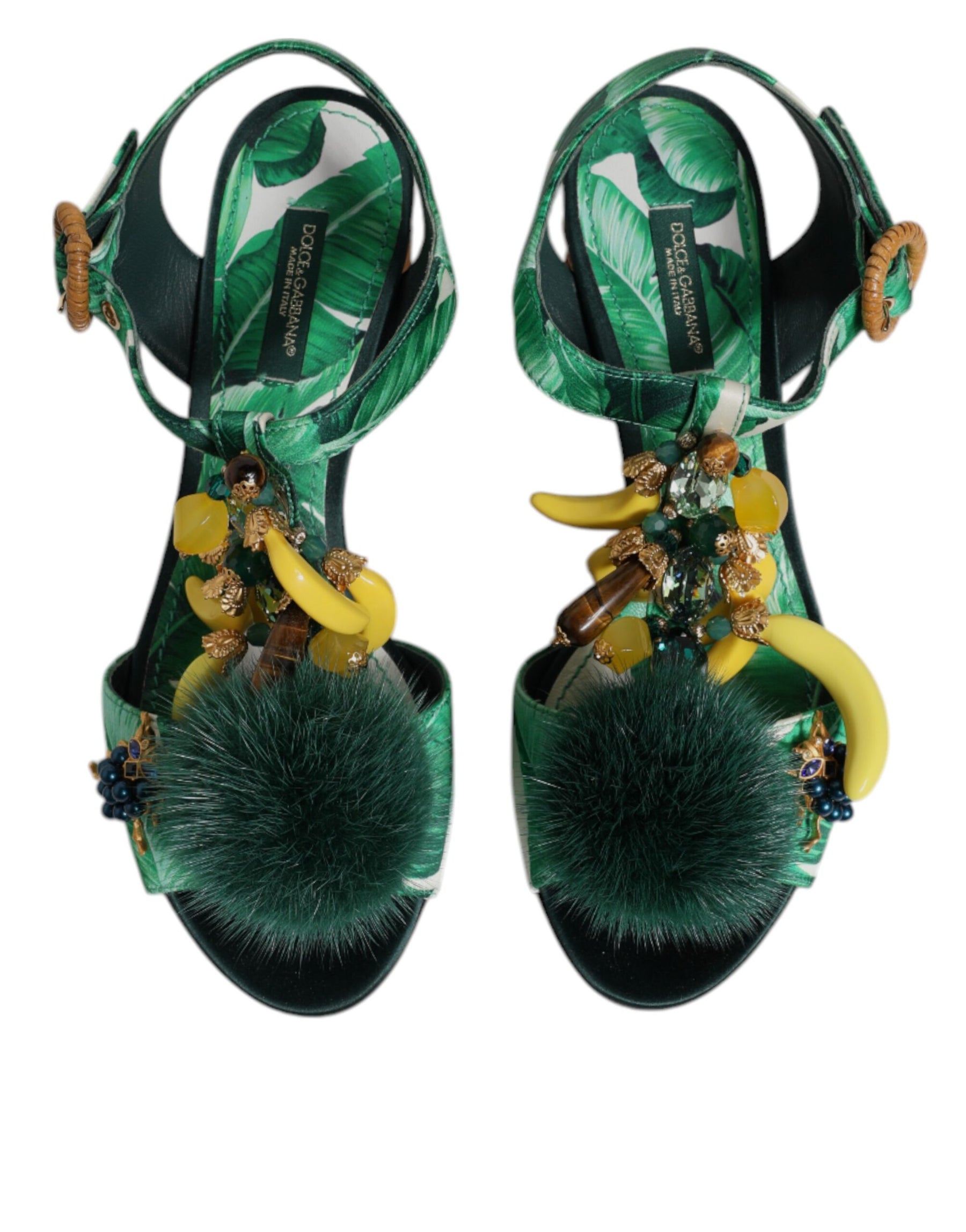 Dolce & Gabbana Green Crystal Fur Embellished Sandals Shoes | Regal Royce