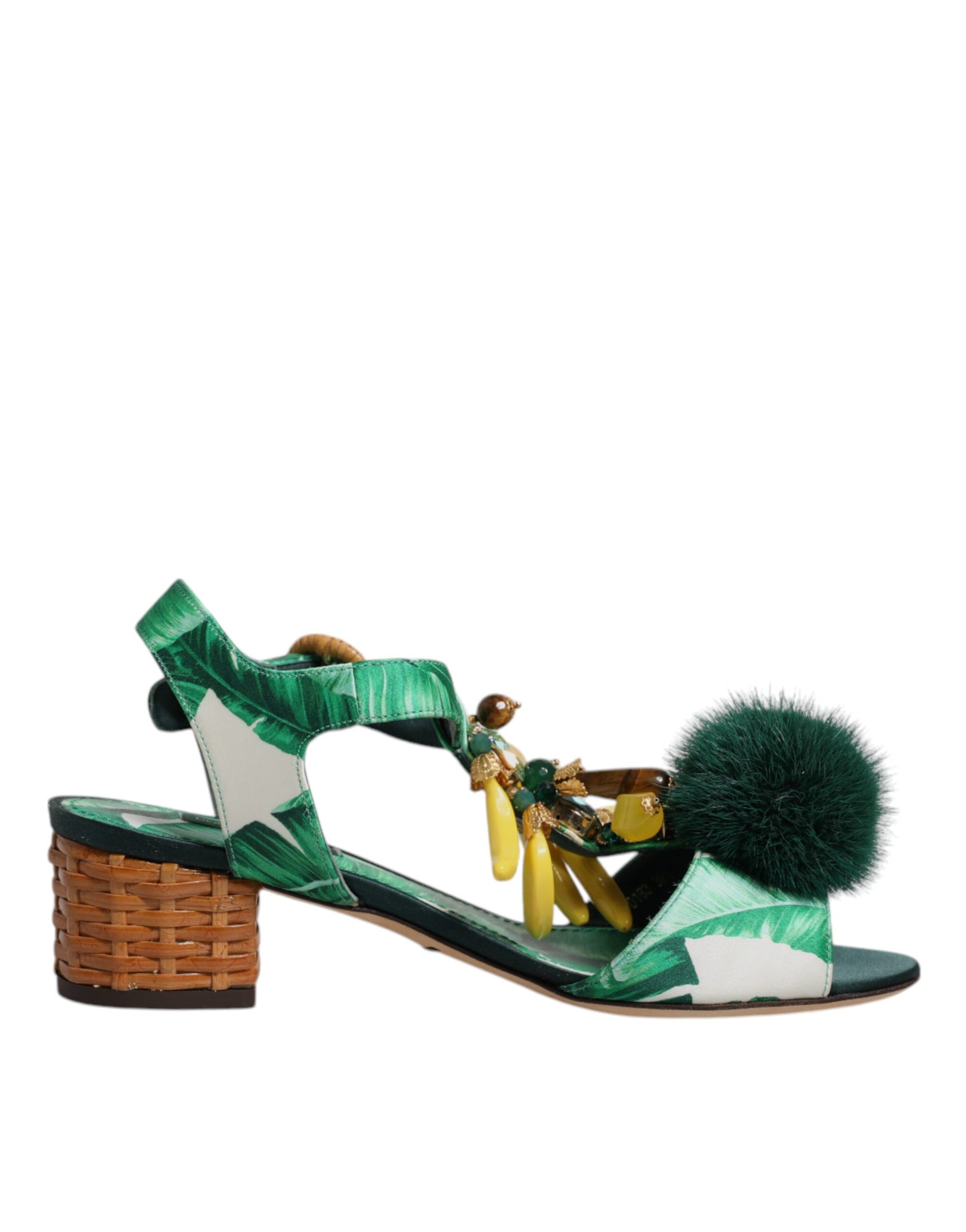 Dolce & Gabbana Green Crystal Fur Embellished Sandals Shoes | Regal Royce