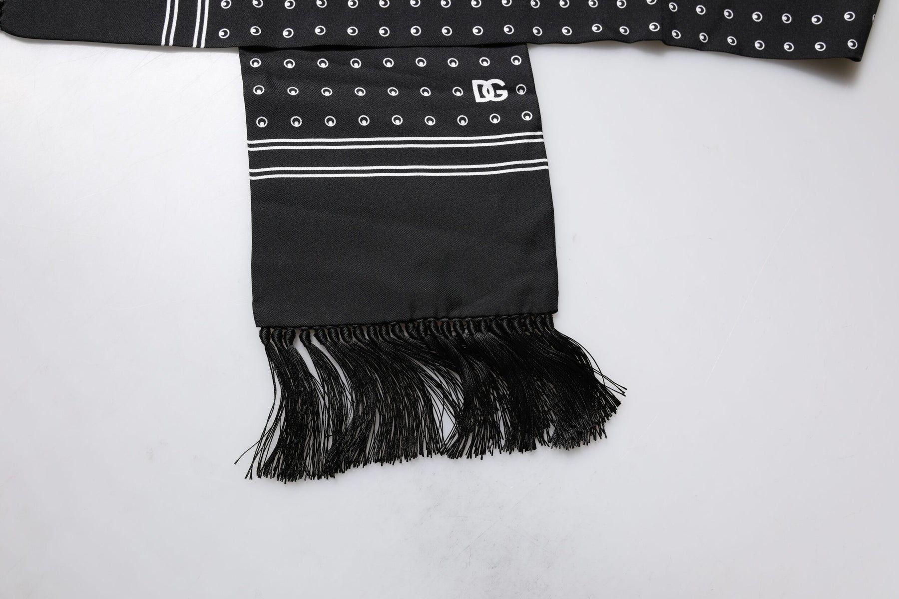 Dolce & Gabbana Black White Polka Dotted Silk Skinny Fringes Scarf | Regal Royce