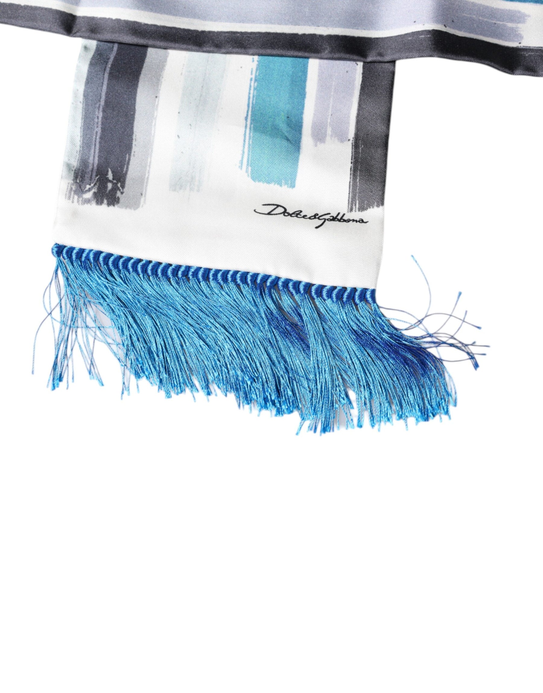 Dolce & Gabbana White Blue Stripes Silk Fringes Wrap Scarf | Regal Royce