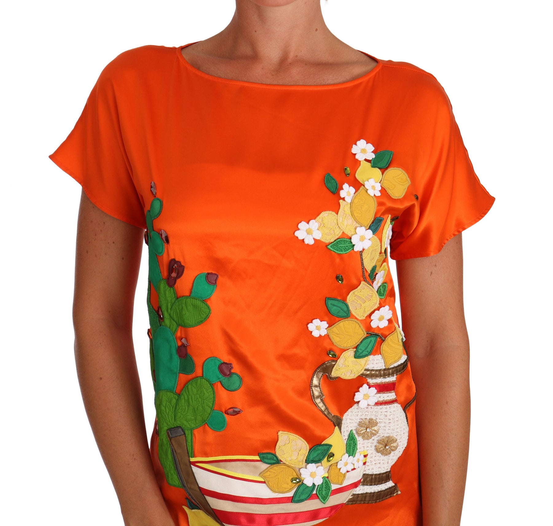 Dolce & Gabbana Silk Orange Lemon Crystal T-shirt Top | Regal Royce