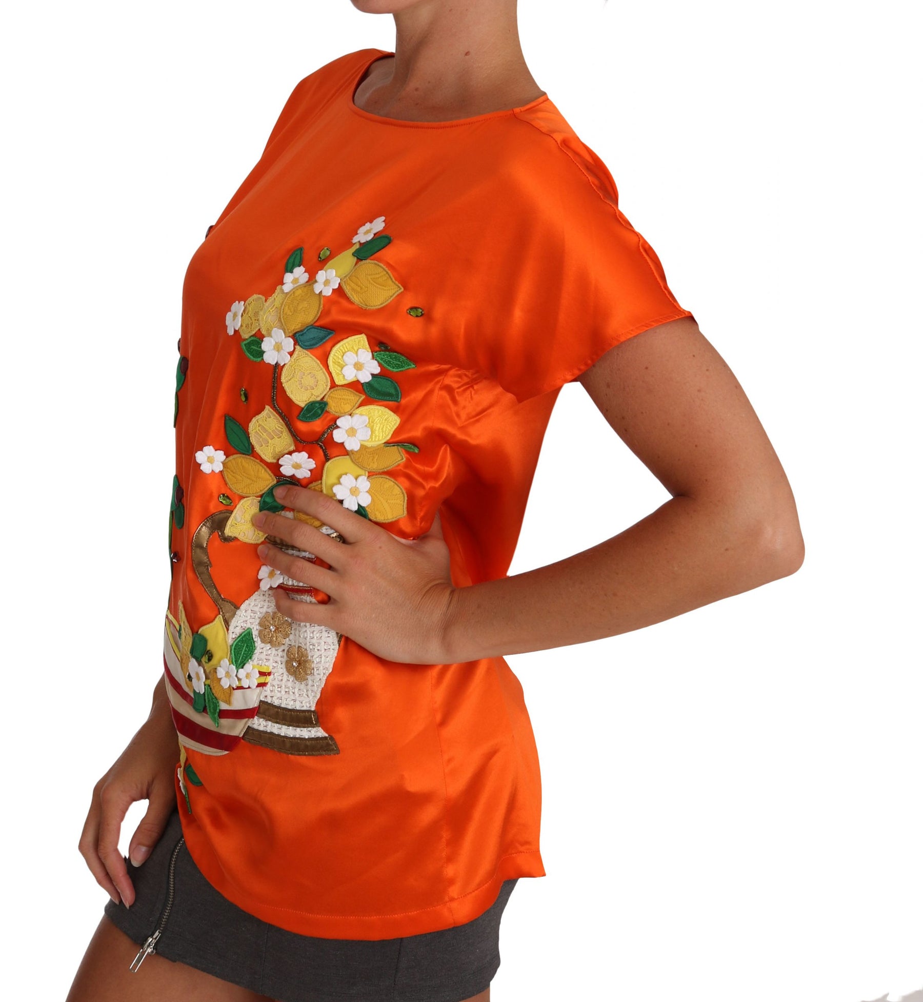 Dolce & Gabbana Silk Orange Lemon Crystal T-shirt Top | Regal Royce