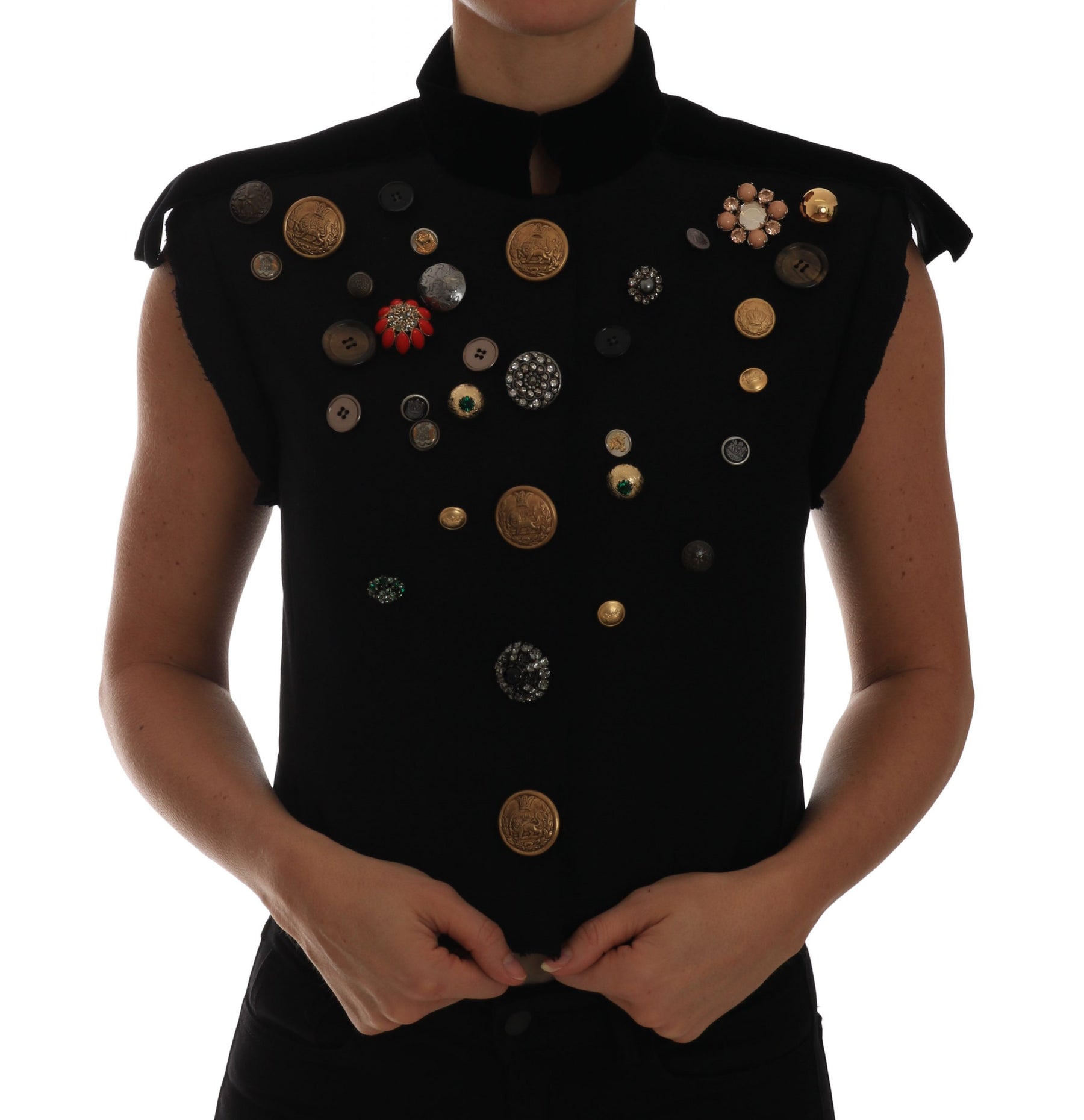 Dolce & Gabbana Black Embellished Floral Military Jacket Vest | Regal Royce