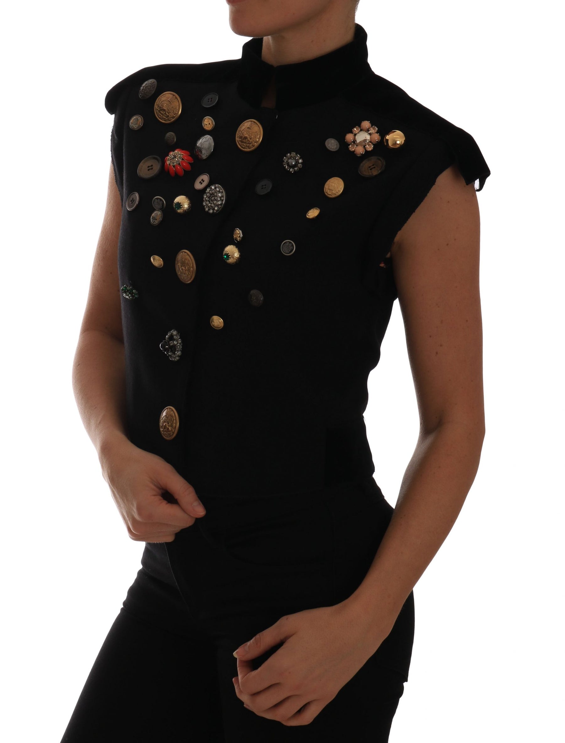 Dolce & Gabbana Black Embellished Floral Military Jacket Vest | Regal Royce