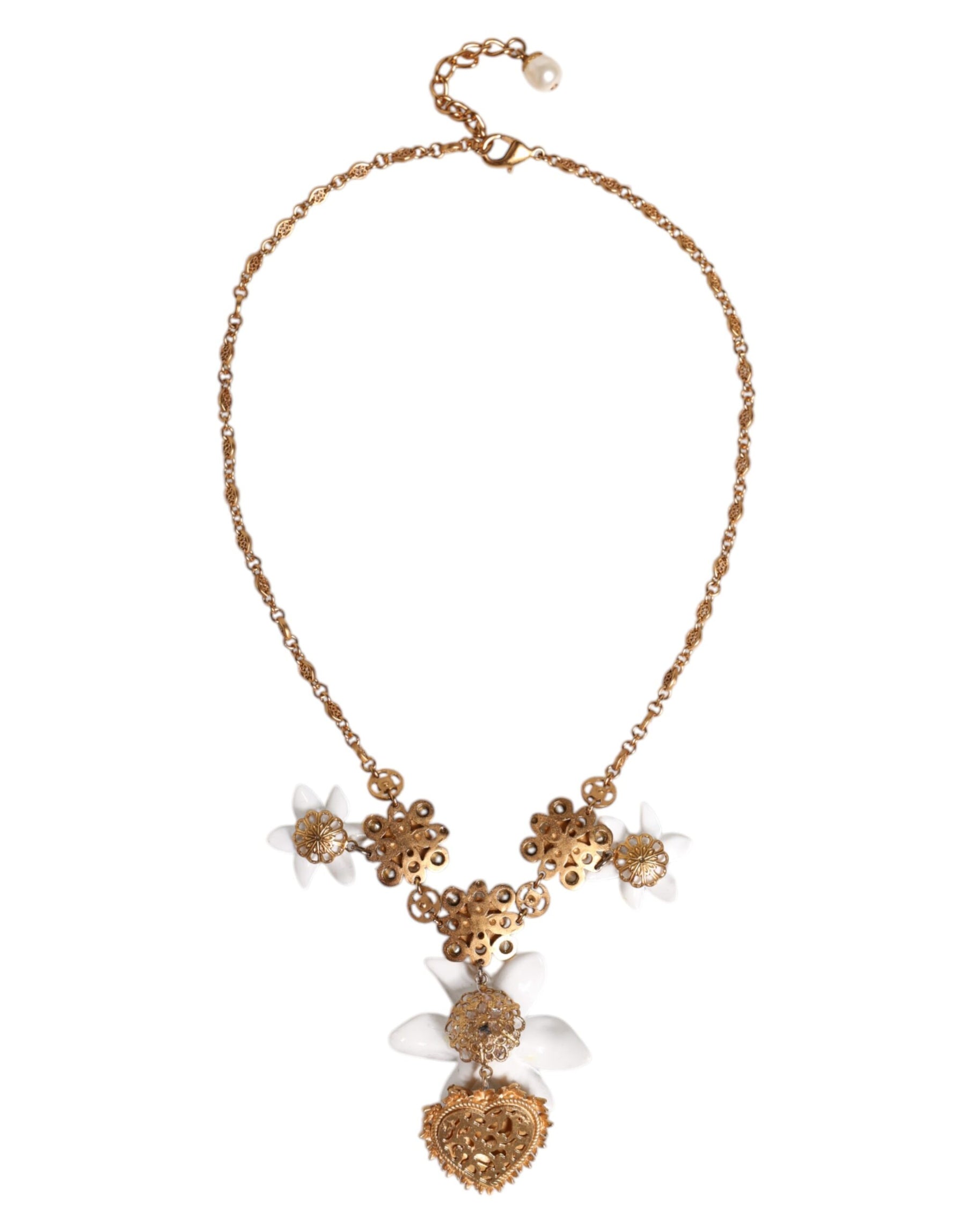 Dolce & Gabbana Gold Brass Lily Crystal Sacred Heart Pendant Necklace | Regal Royce