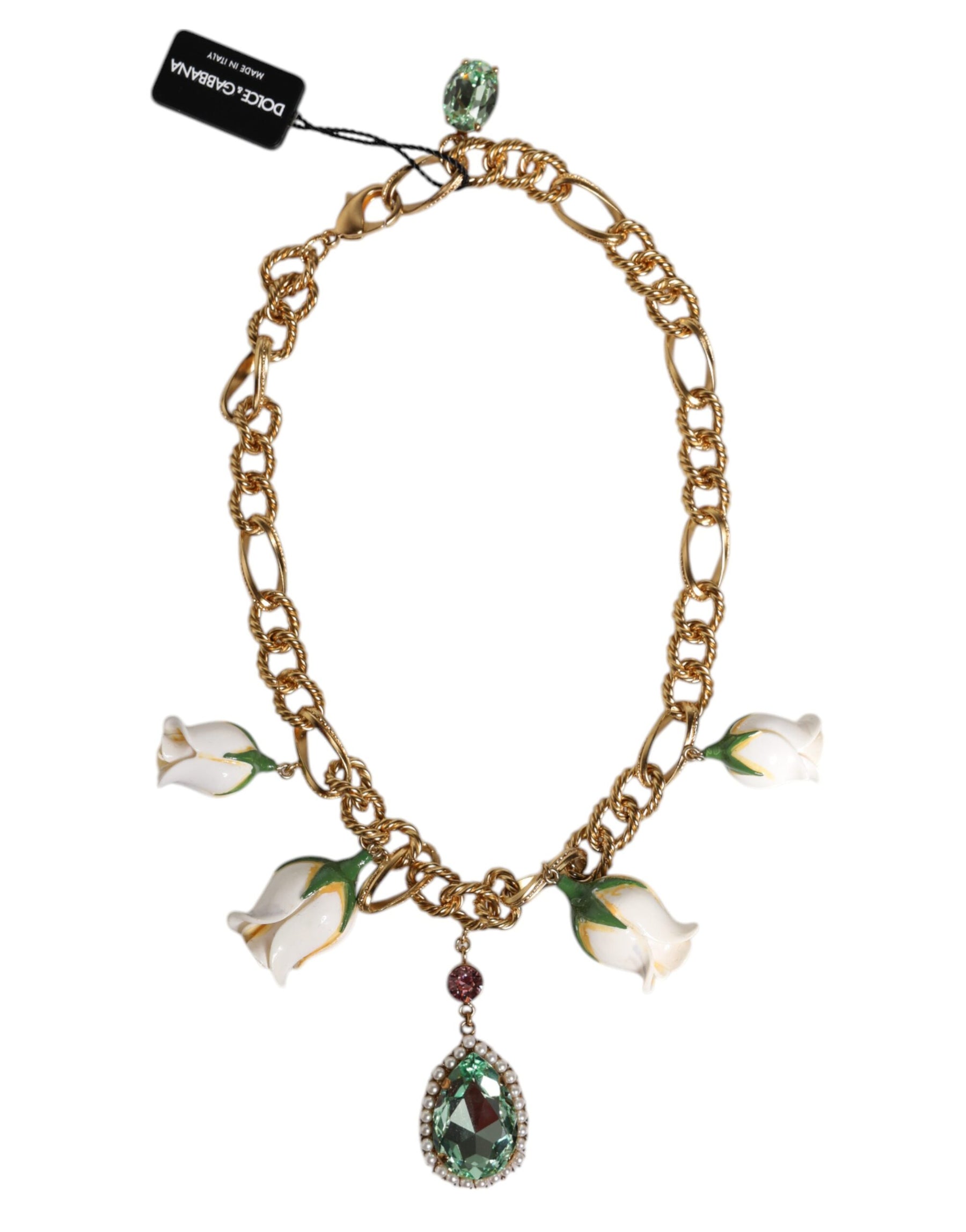 Dolce & Gabbana Gold Brass Short Chain Flower Crystal Pendant Necklace | Regal Royce