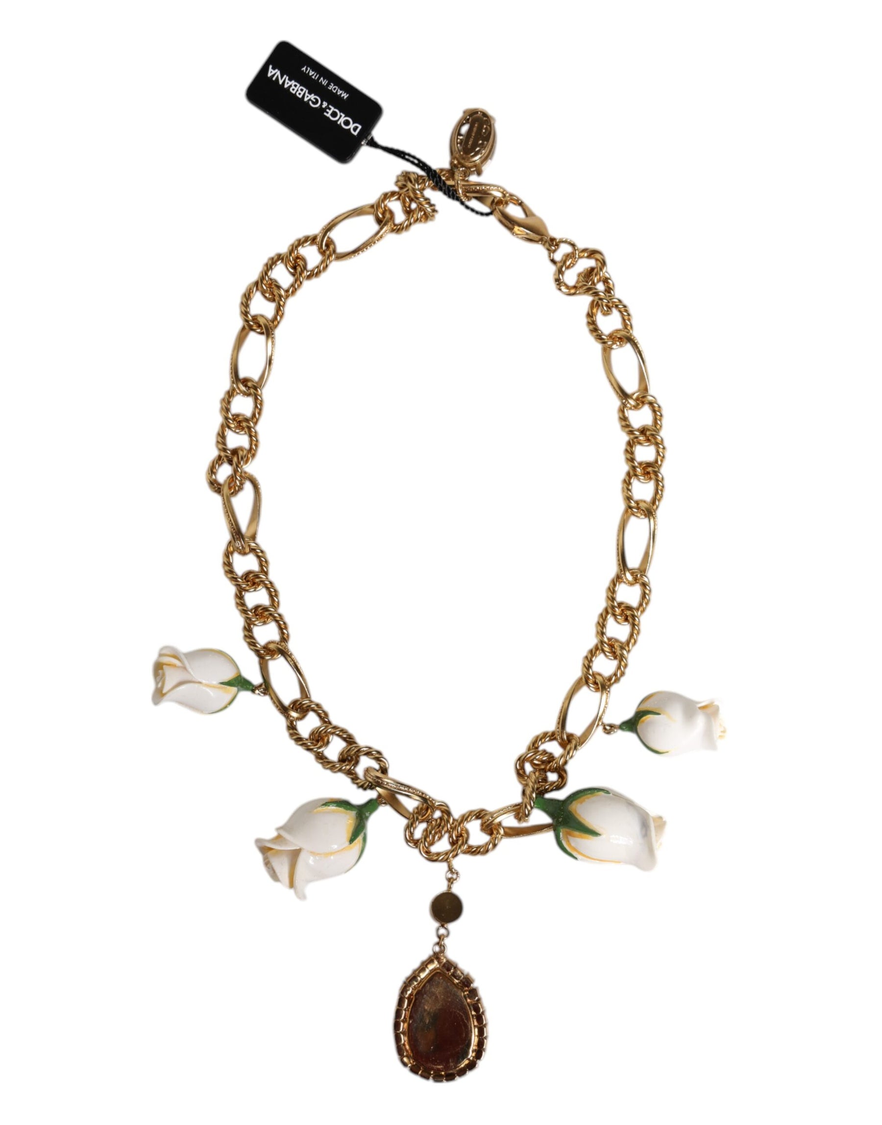 Dolce & Gabbana Gold Brass Short Chain Flower Crystal Pendant Necklace | Regal Royce