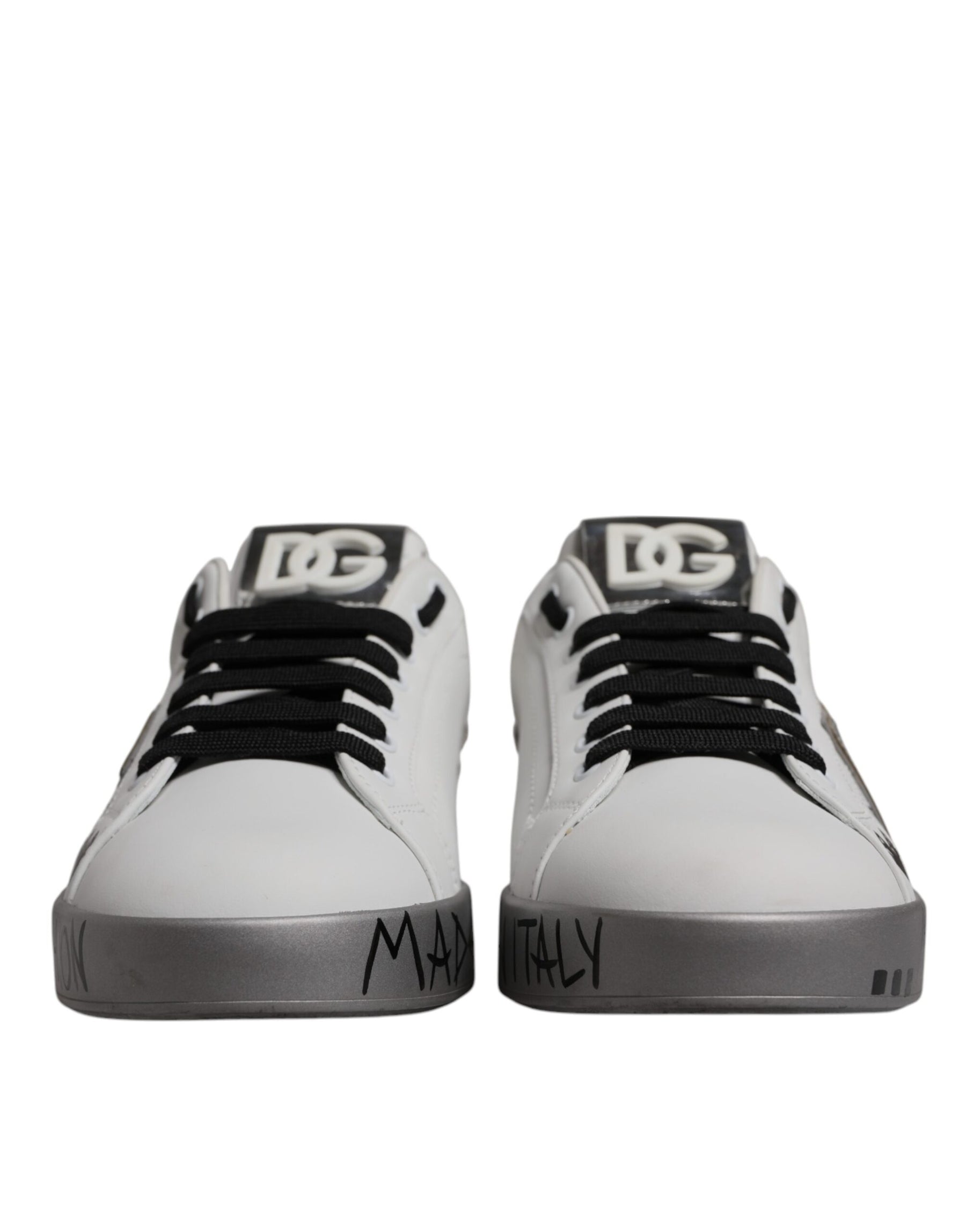 Dolce & Gabbana White Silver Crystal Logo Portofino Sneakers Shoes | Regal Royce