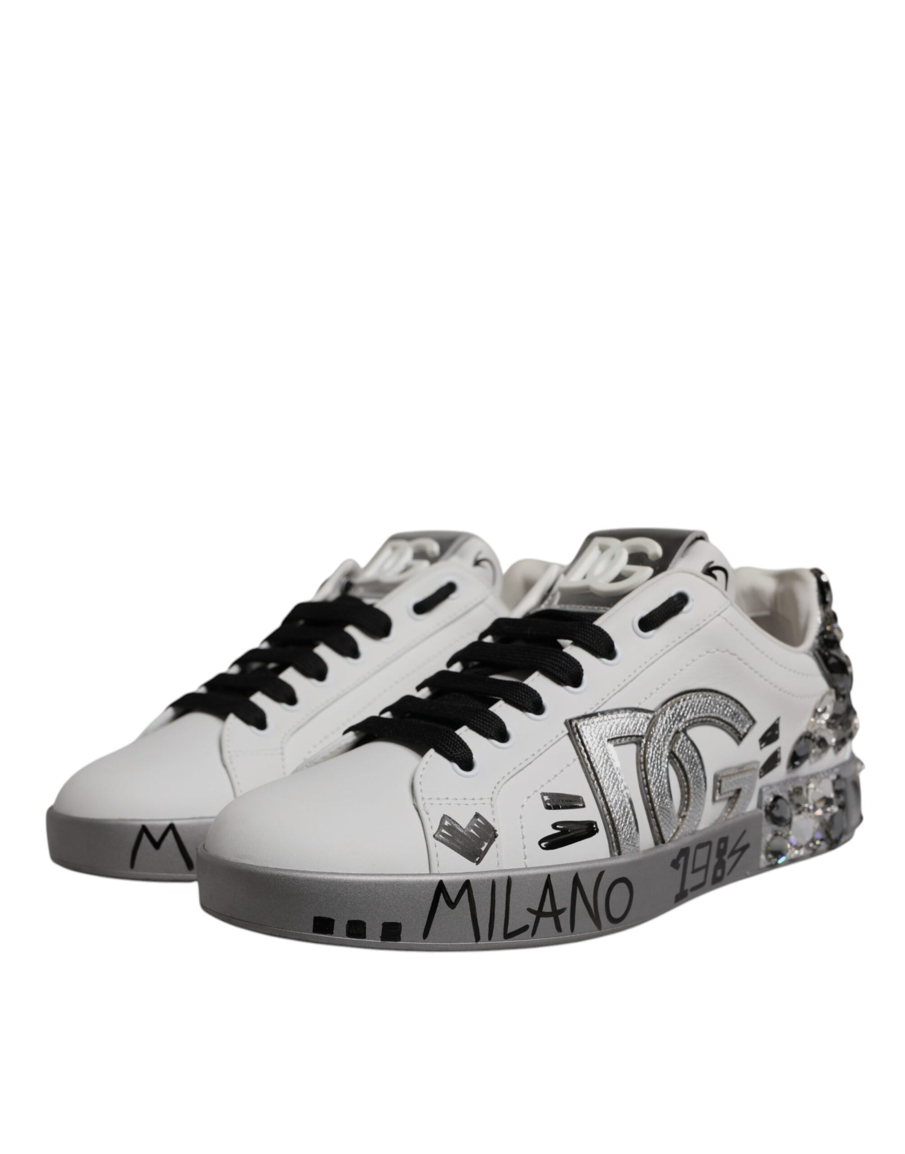 Dolce & Gabbana White Silver Crystal Logo Portofino Sneakers Shoes | Regal Royce