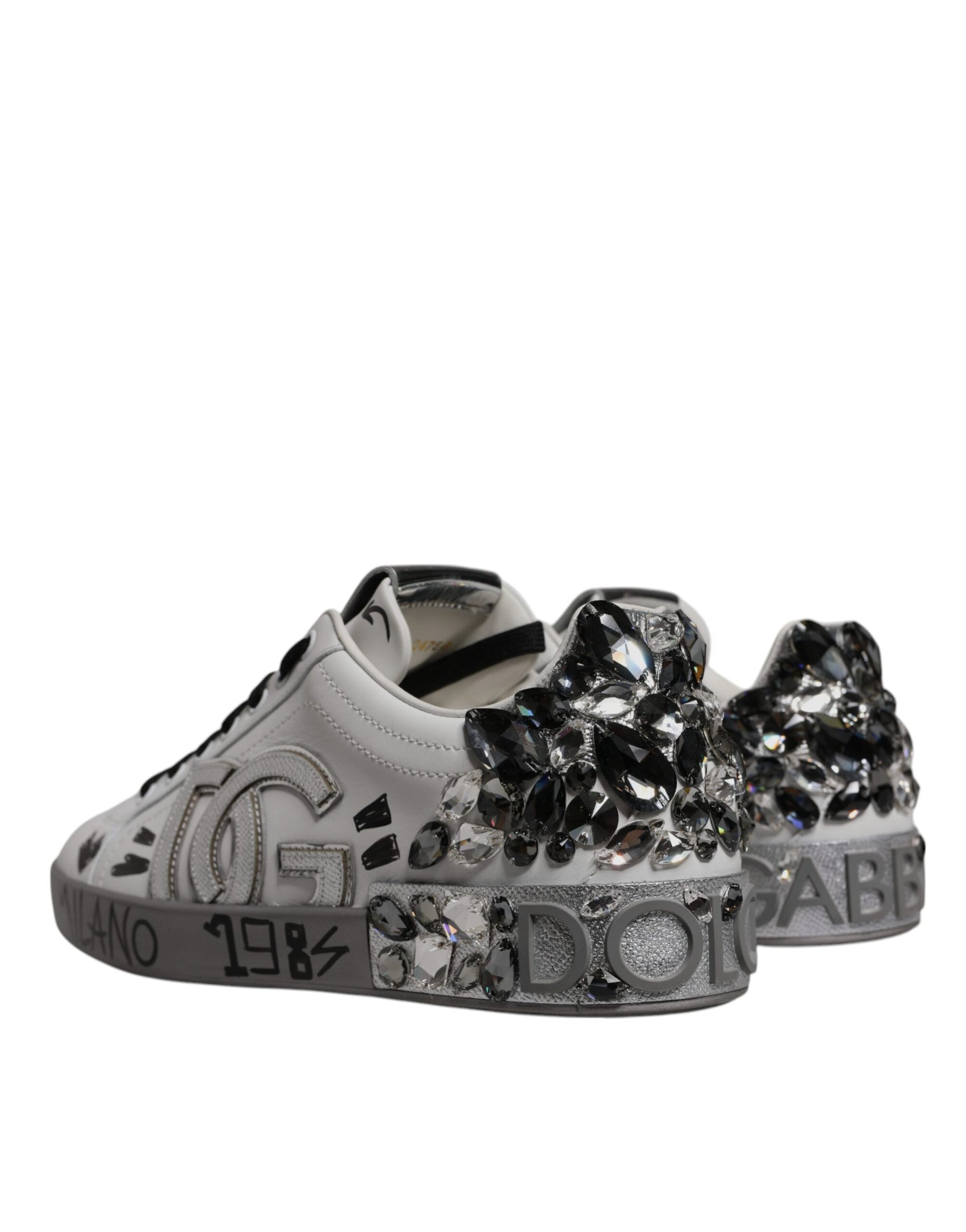 Dolce & Gabbana White Silver Crystal Logo Portofino Sneakers Shoes | Regal Royce