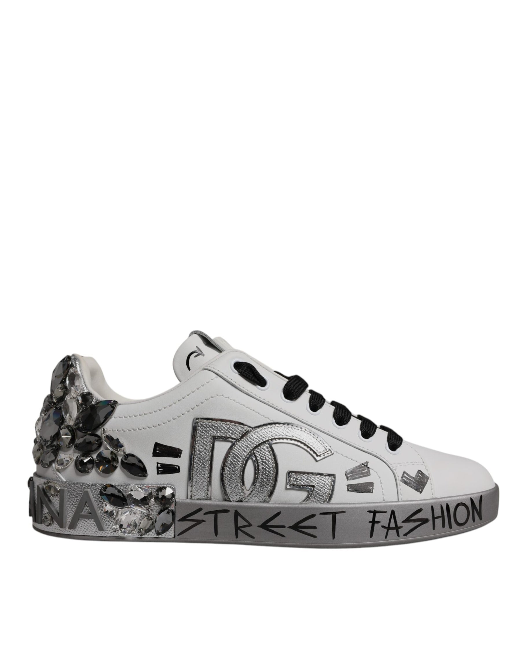 Dolce & Gabbana White Silver Crystal Logo Portofino Sneakers Shoes | Regal Royce