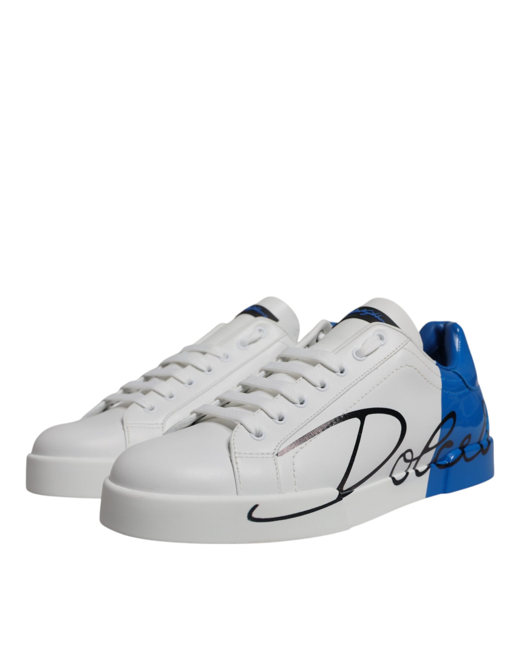 Dolce & Gabbana White Blue Leather Logo Low Top Sneakers Shoes | Regal Royce