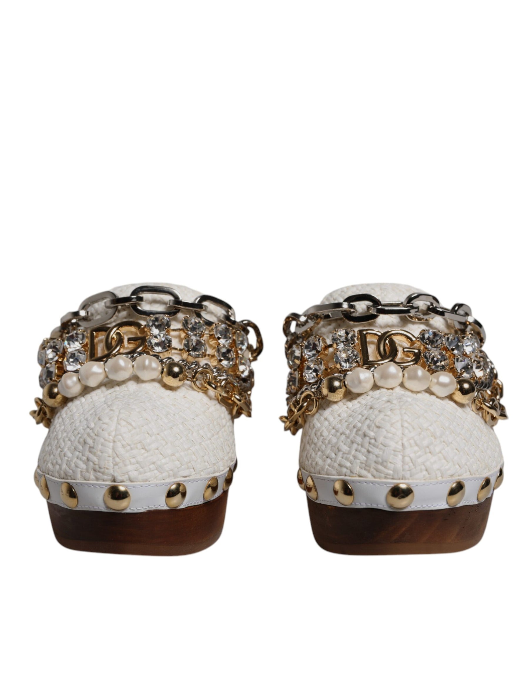 Dolce & Gabbana White Raffia Clogs Bejeweled Chain Sandals Shoes | Regal Royce