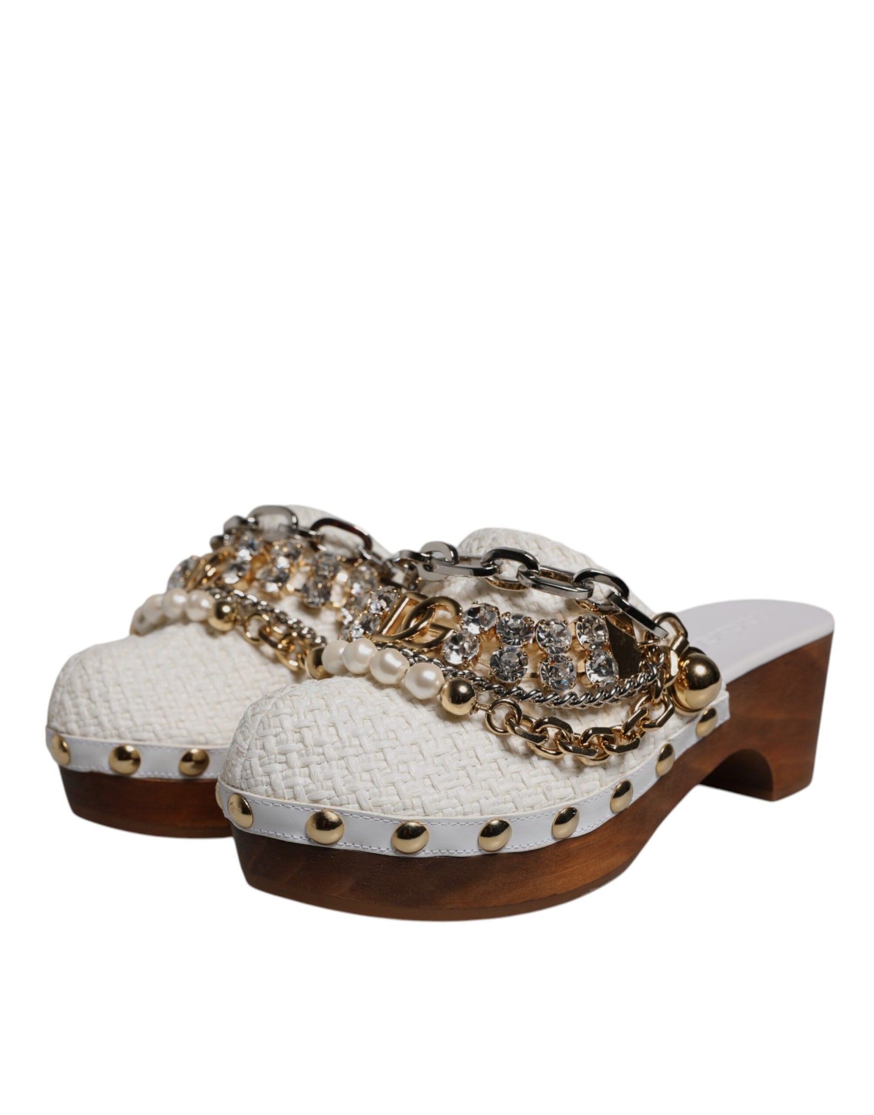 Dolce & Gabbana White Raffia Clogs Bejeweled Chain Sandals Shoes | Regal Royce