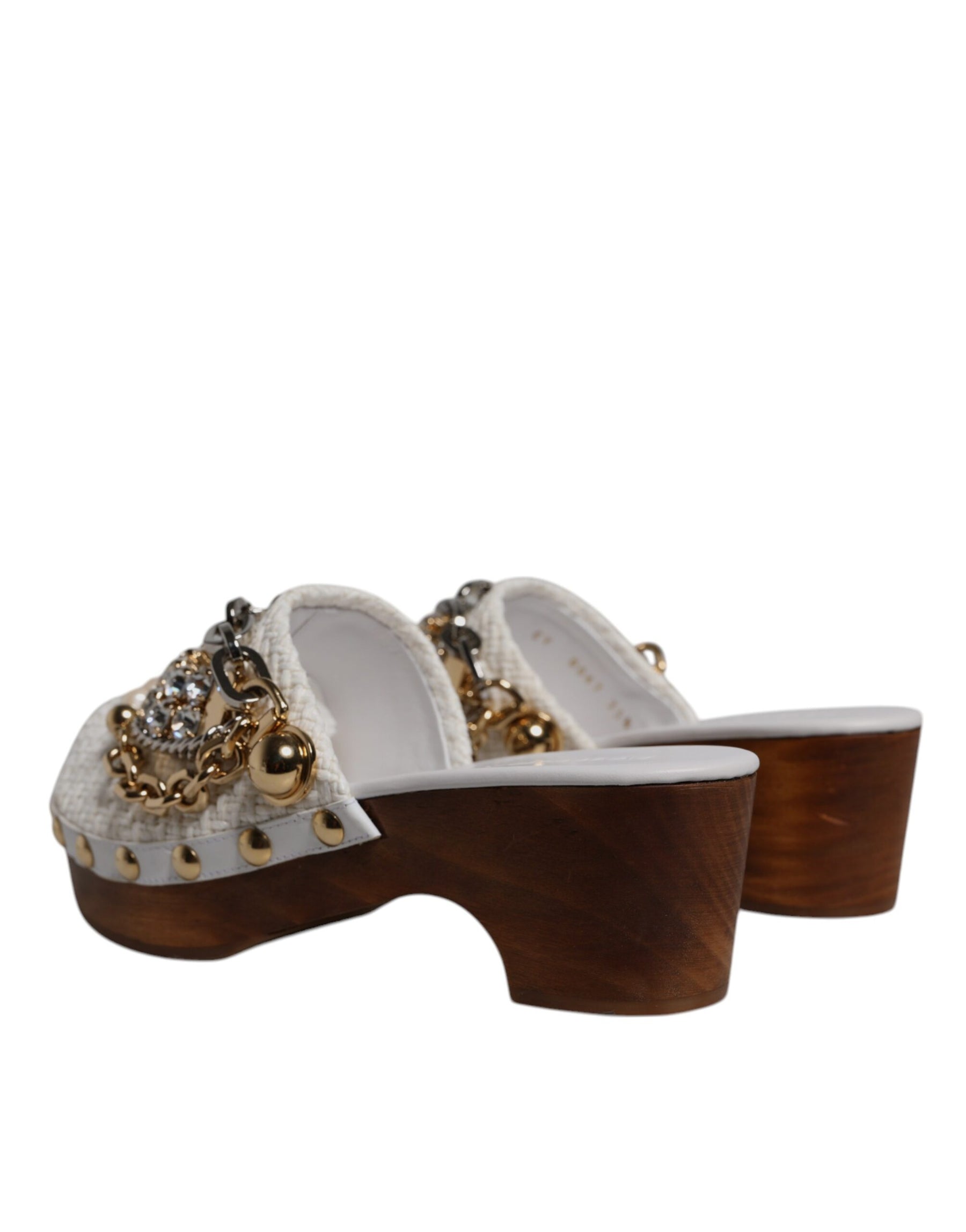 Dolce & Gabbana White Raffia Clogs Bejeweled Chain Sandals Shoes | Regal Royce