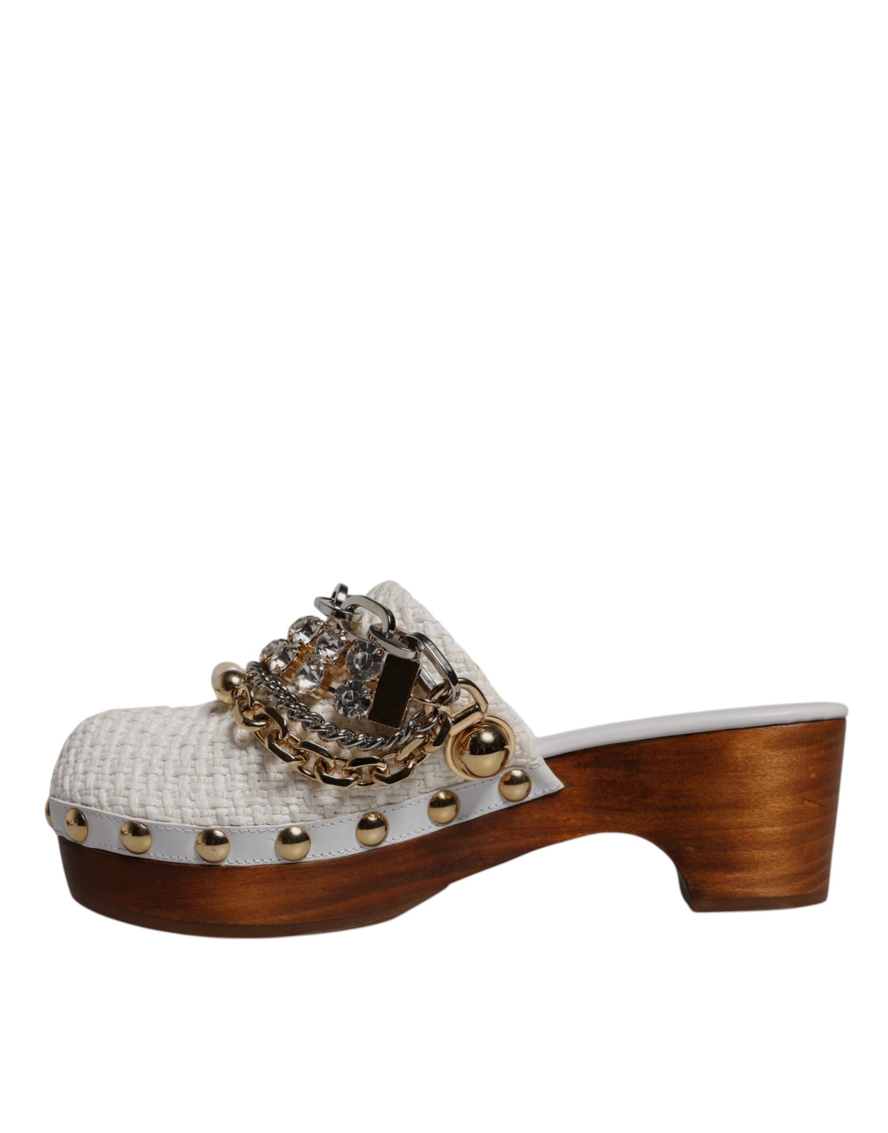 Dolce & Gabbana White Raffia Clogs Bejeweled Chain Sandals Shoes | Regal Royce