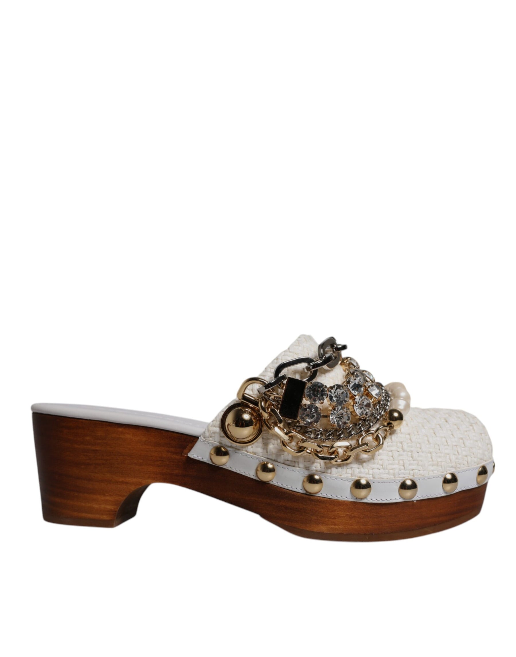 Dolce & Gabbana White Raffia Clogs Bejeweled Chain Sandals Shoes | Regal Royce