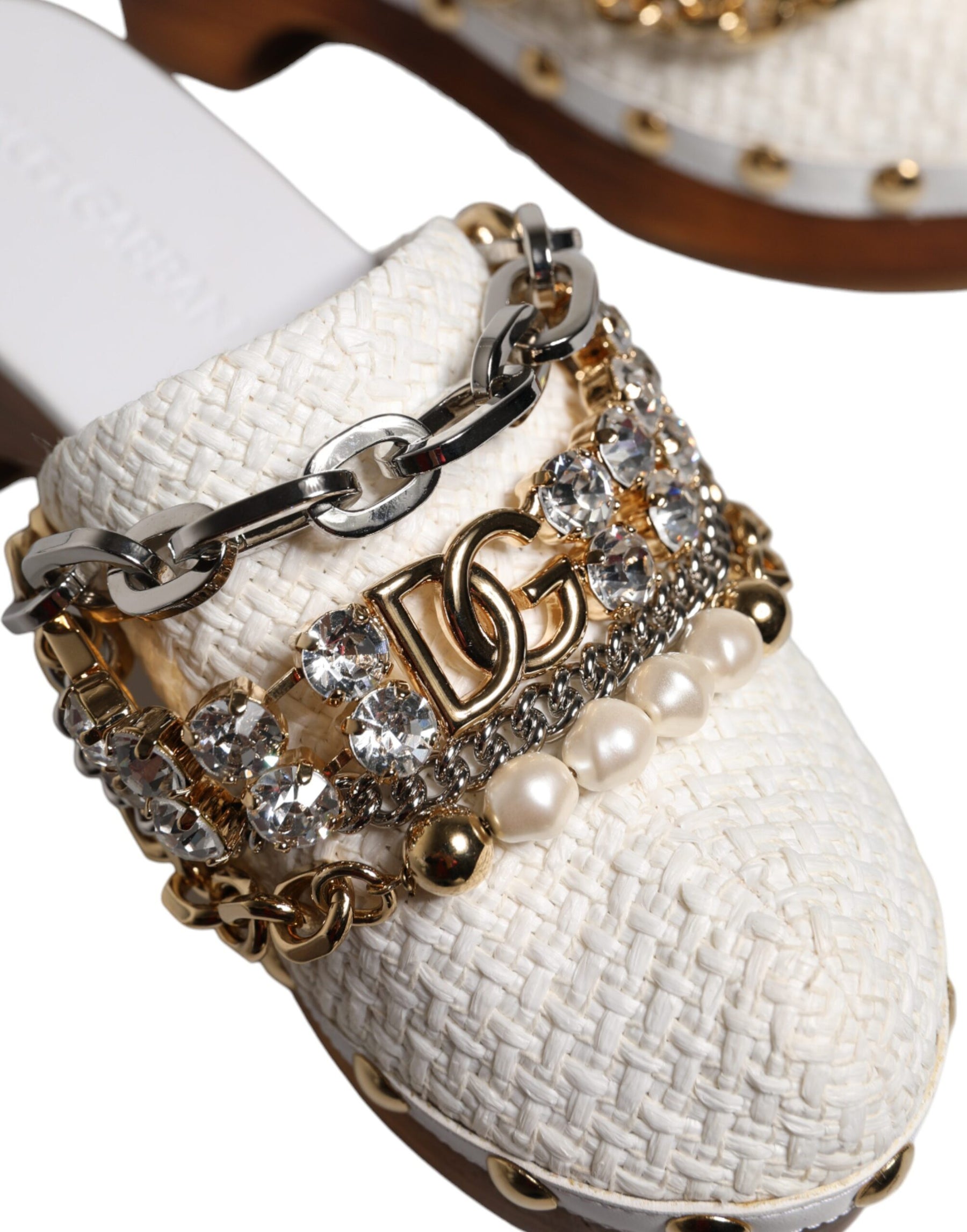 Dolce & Gabbana White Raffia Clogs Bejeweled Chain Sandals Shoes | Regal Royce