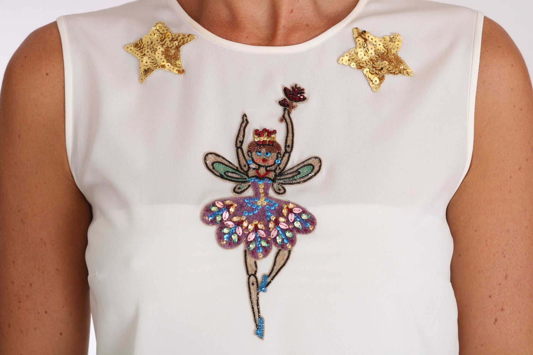 Dolce & Gabbana White Silk Embellished Crystal Sequin Fairy Top | Regal Royce