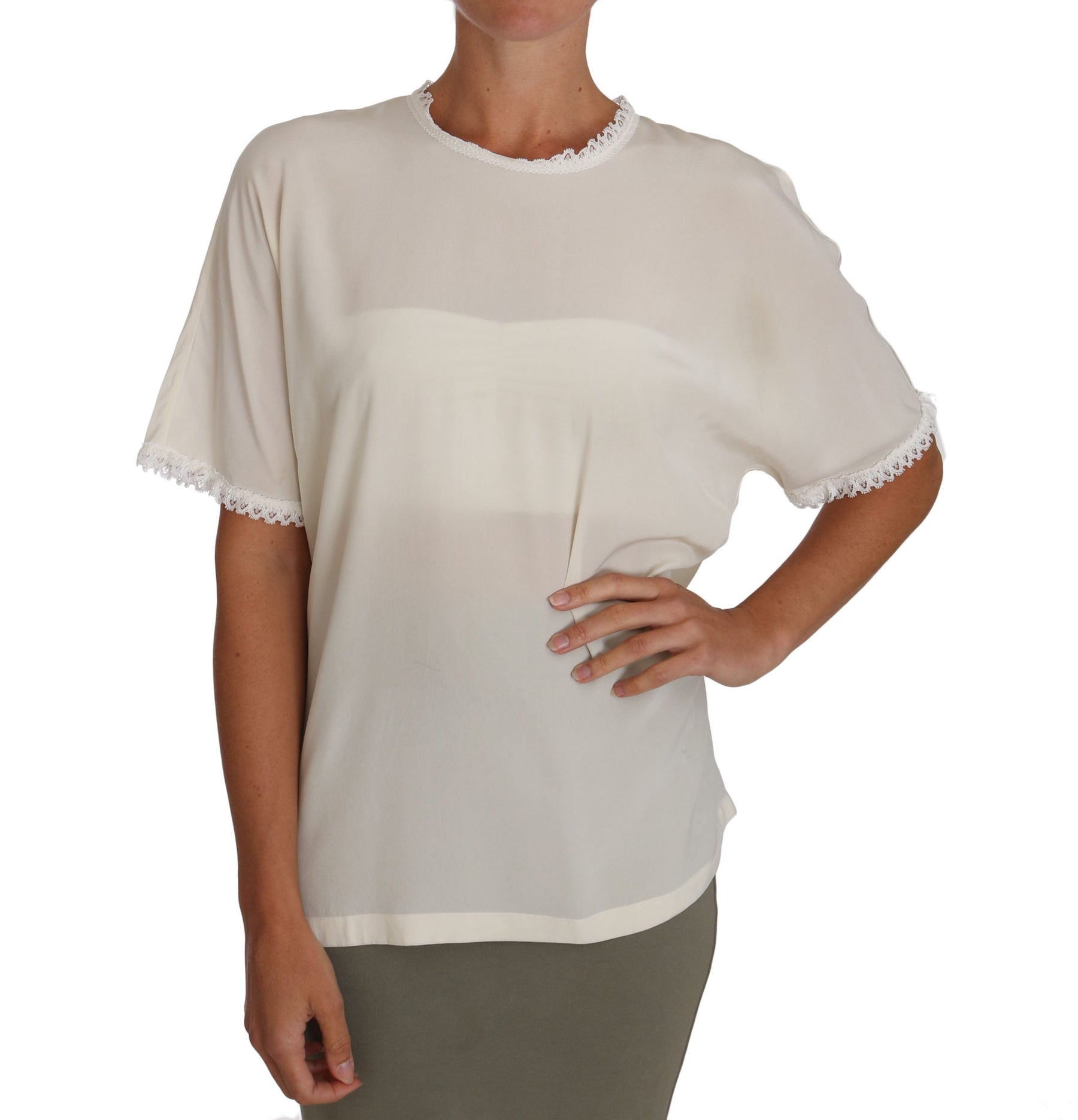 Dolce & Gabbana White Cream Silk Lace Top Blouse T-Shirt | Regal Royce