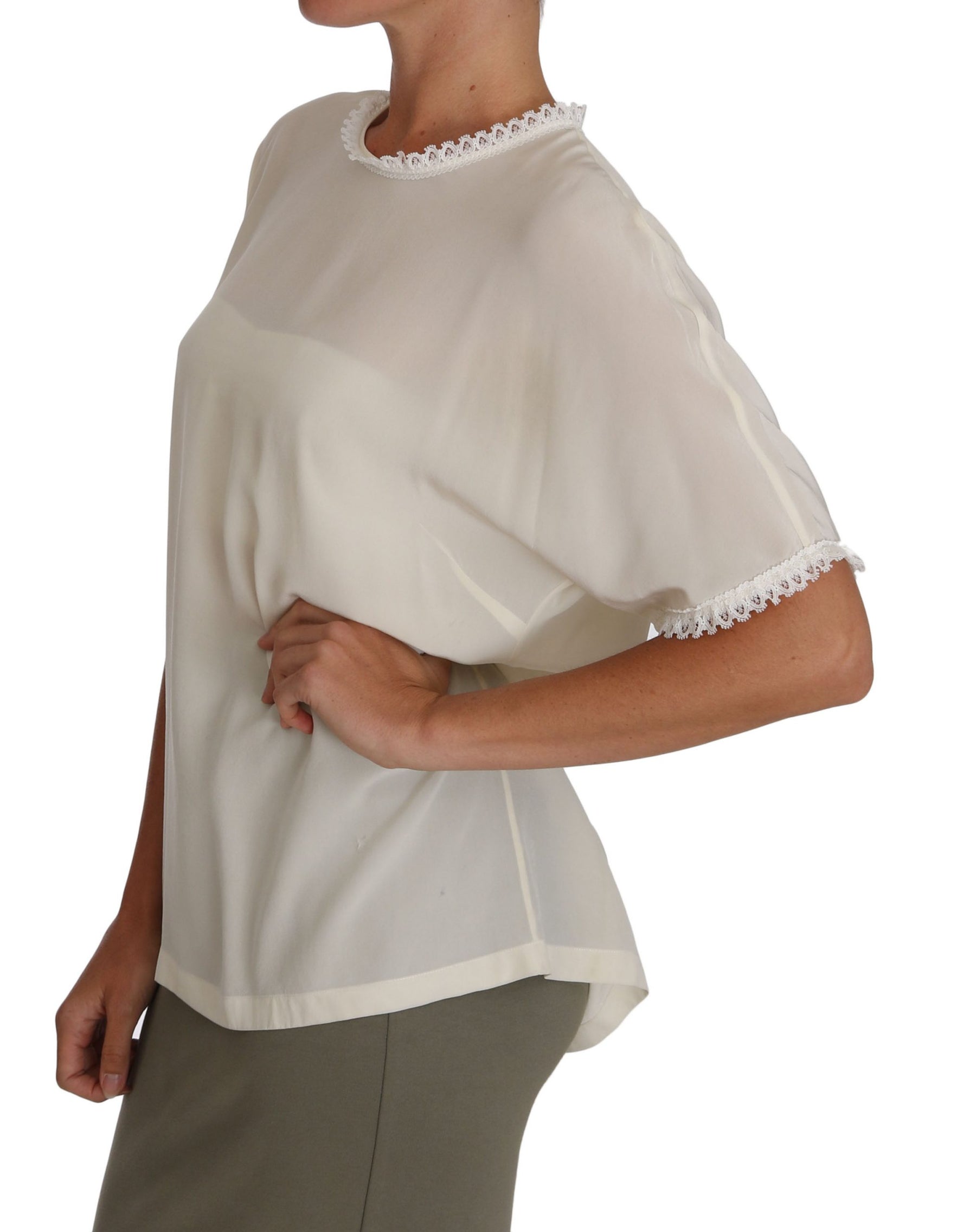 Dolce & Gabbana White Cream Silk Lace Top Blouse T-Shirt | Regal Royce