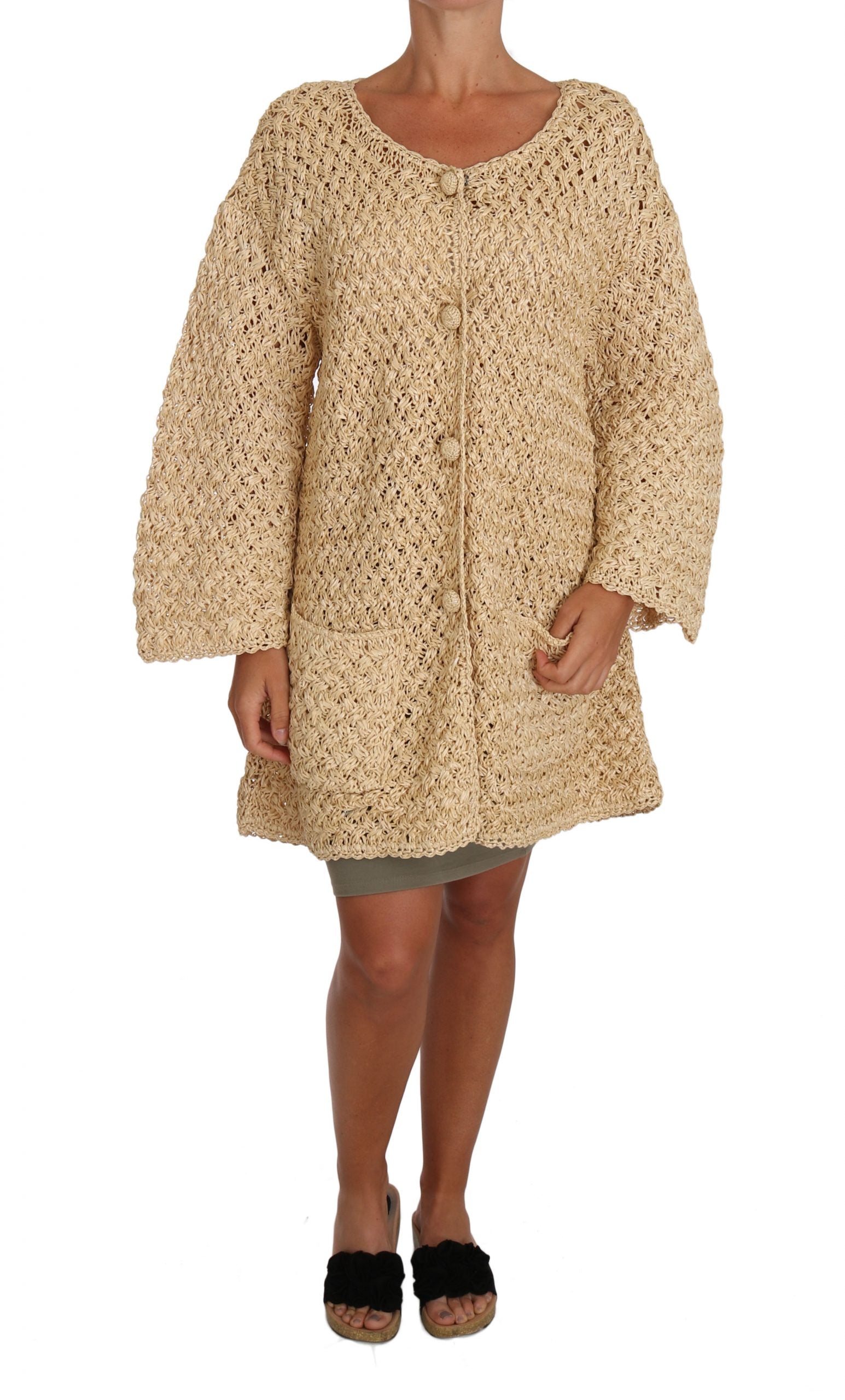 Dolce & Gabbana Beige Cardigan Crochet Knitted Raffia Sweater | Regal Royce